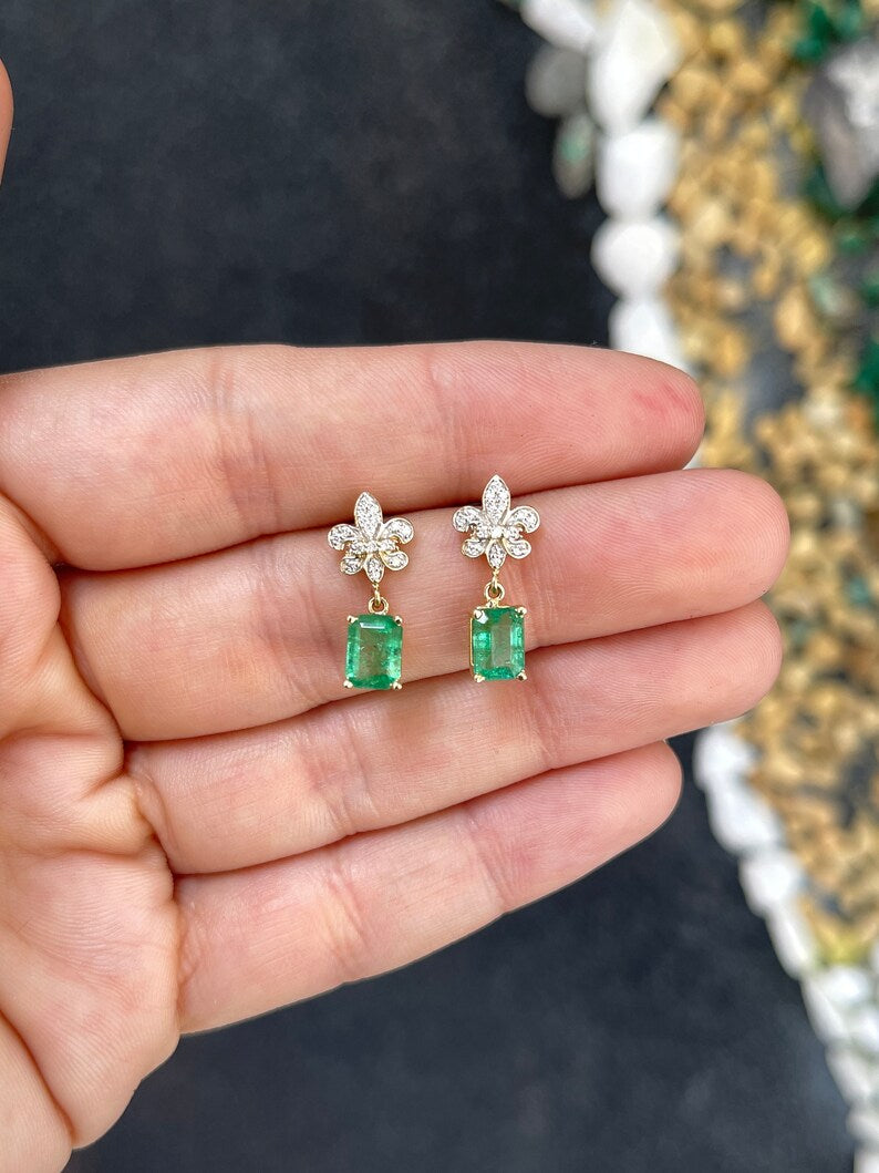 2.55ctw 14K Gold Natural Medium Yellowish Green Emerald & Diamond Fleur De Lis Dangle Earrings for Women - Elegant Jewelry Gift for Brides, Weddings & Special Occasions