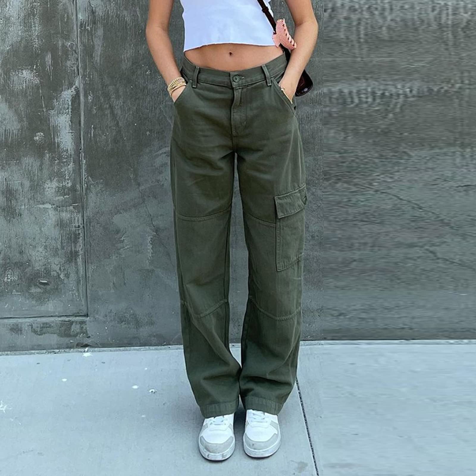 ICNGLKSND Women's High Waisted Baggy Jeans - Y2K Streetwear Denim Pants with Big Pockets | Straight Wide Leg Trousers for Casual Outfits & Retro Fashion