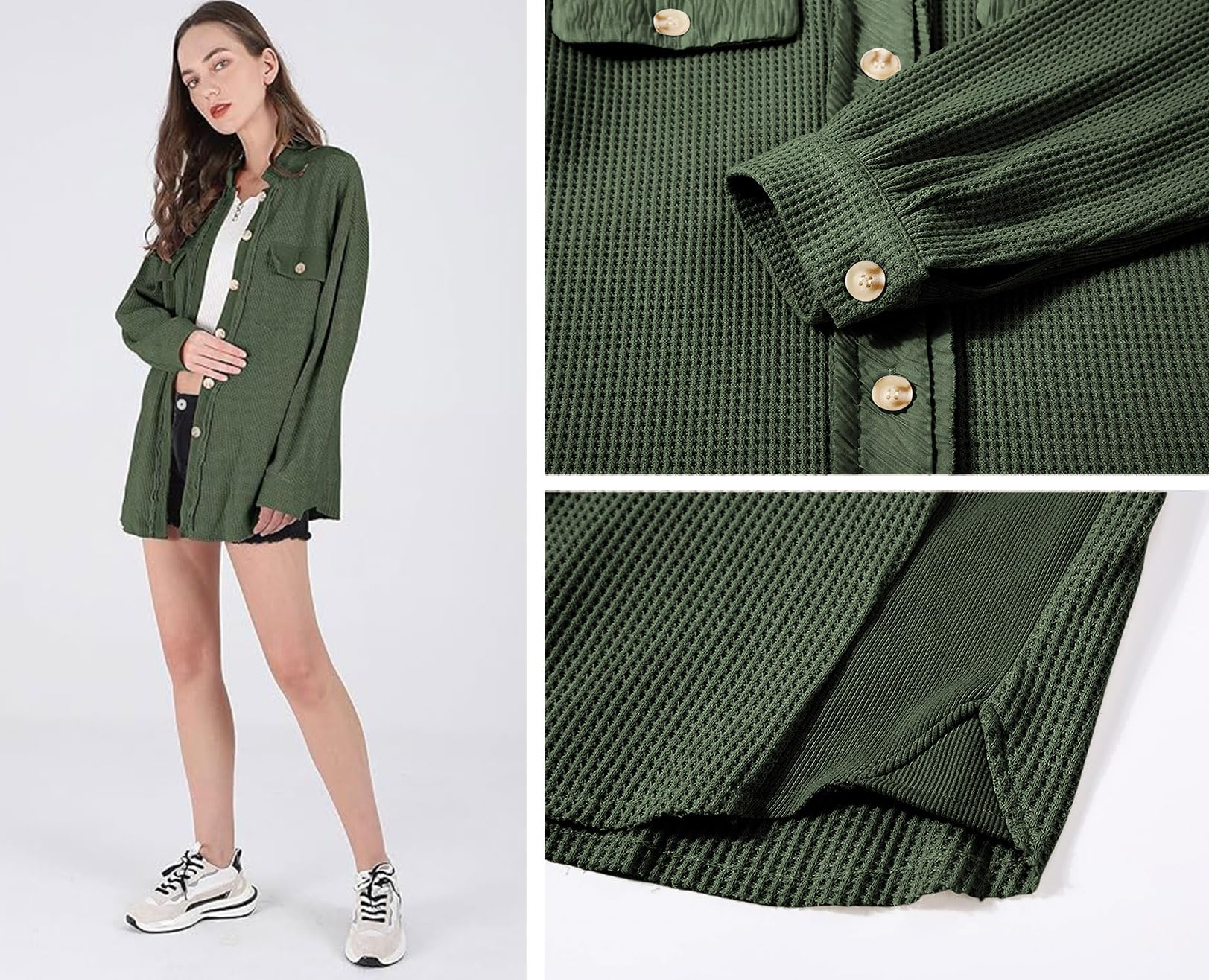 UTCoco Women's Casual Waffle Knit Shacket Jacket - Loose Fit Long Sleeve Button Down Shirt Top for Fall & Winter | Cozy Layering Piece for Work, Travel and Weekend Outfits