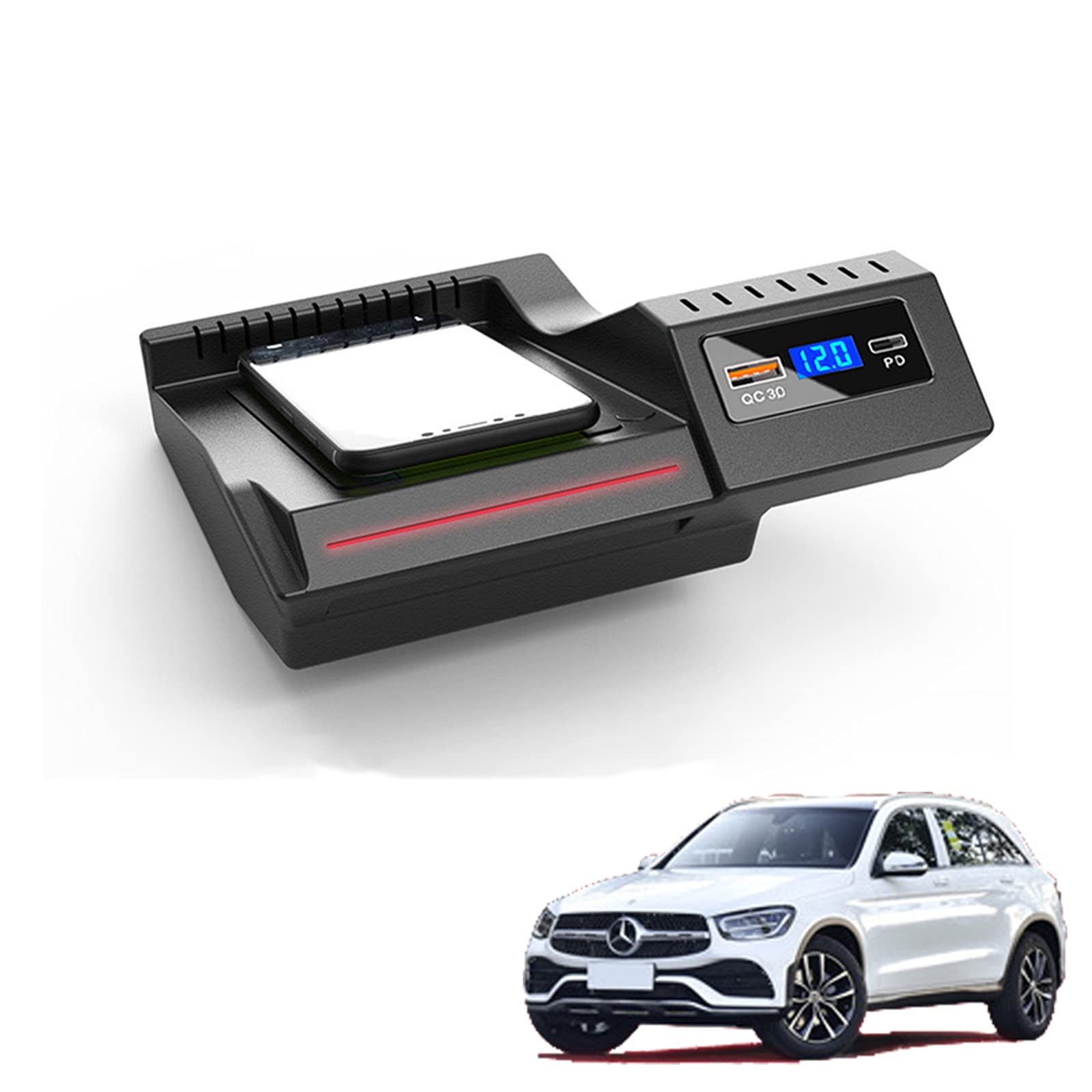 HARBERIDE 15W Fast Wireless Charging Pad for Mercedes Benz W205 AMG C43 C63 GLC 43 GLC 63 X253 - QC 3.0 & PD USB Smartphone Charger - Perfect for Commuting & Road Trips