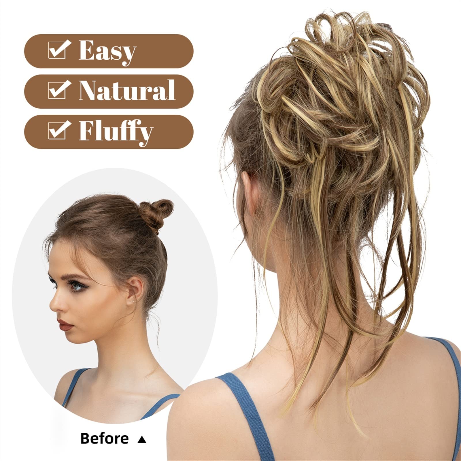 Women's Hair Chignon Donut Bun & Messy Bun Ponytail Extensions with Elastic Bungee - Curly Hair Bands & Ponytail Wigs for Women (Color: 10H86) - Perfect for Parties, Weddings & Everyday Styling