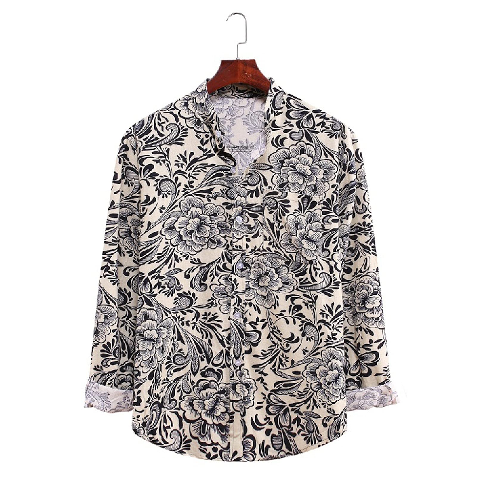 AMZFDC Men's Long Sleeve & Short Sleeve Cotton Linen Printed Shirt with Collar - Casual Button Down Shirt for Summer, Office, and Outdoor Activities