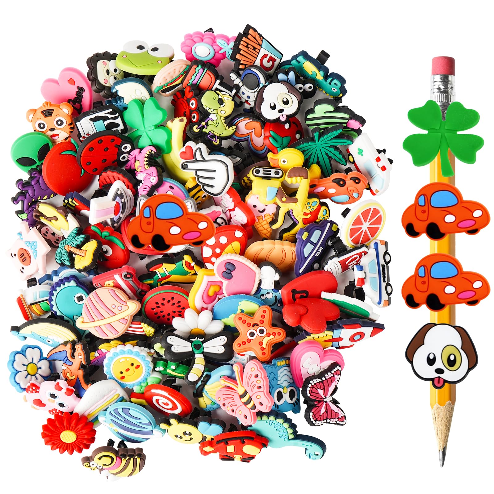 100 Pcs Cute PVC Pencil Toppers & Charms - Assorted Designs for Boys & Girls, Fun School Supplies, Classroom Rewards & Prizes - Perfect for DIY Projects, Party Favors & Back-to-School Decorations
