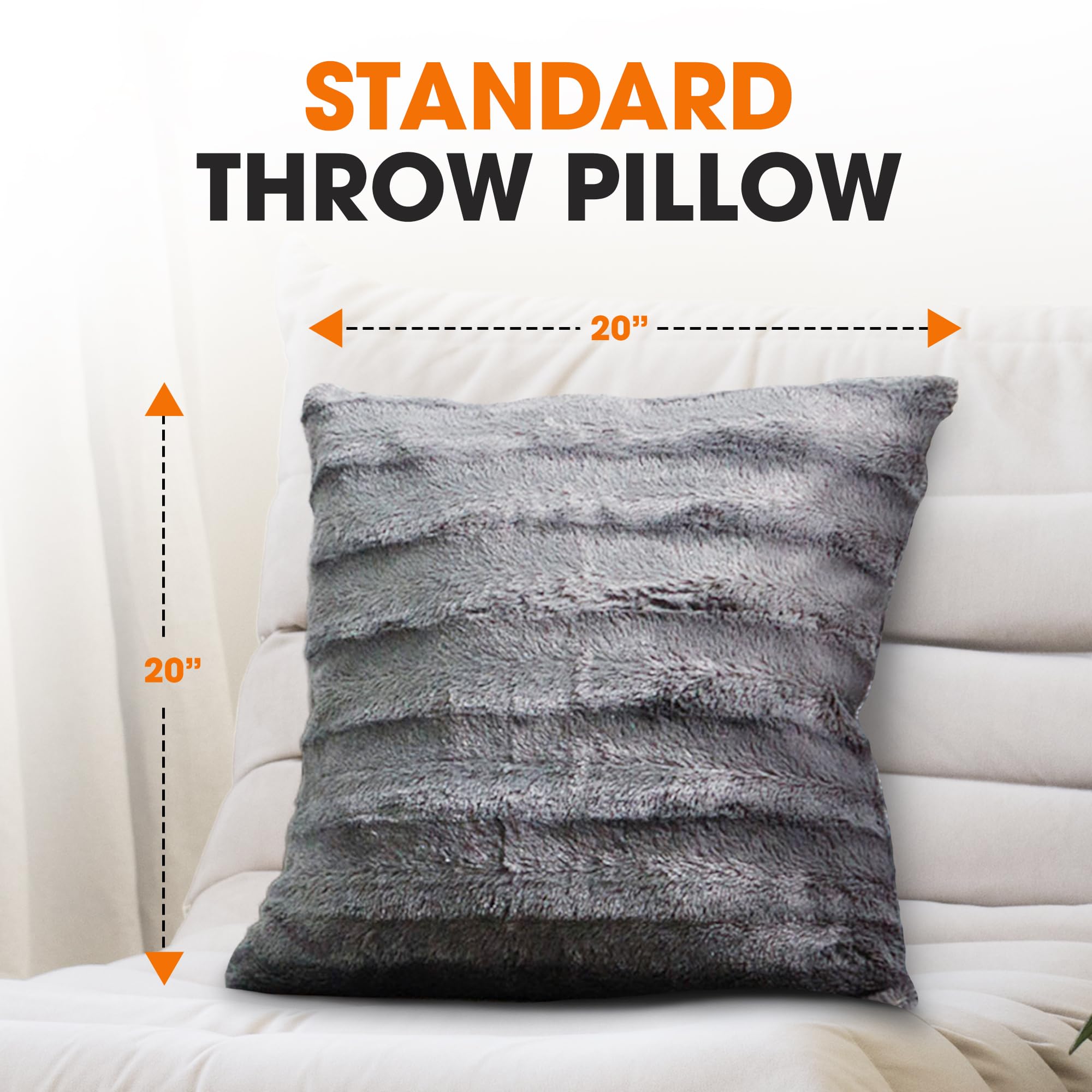 Cheer Collection Faux Fur Throw Pillows - Soft Decorative Couch & Bed Pillows, Grey Accent Pillows for Bedroom or Living Room Aesthetic, Set of 2 Plush 20x20 Inch Furry Pillows - Perfect for Cozy Home Decor & Gift Giving