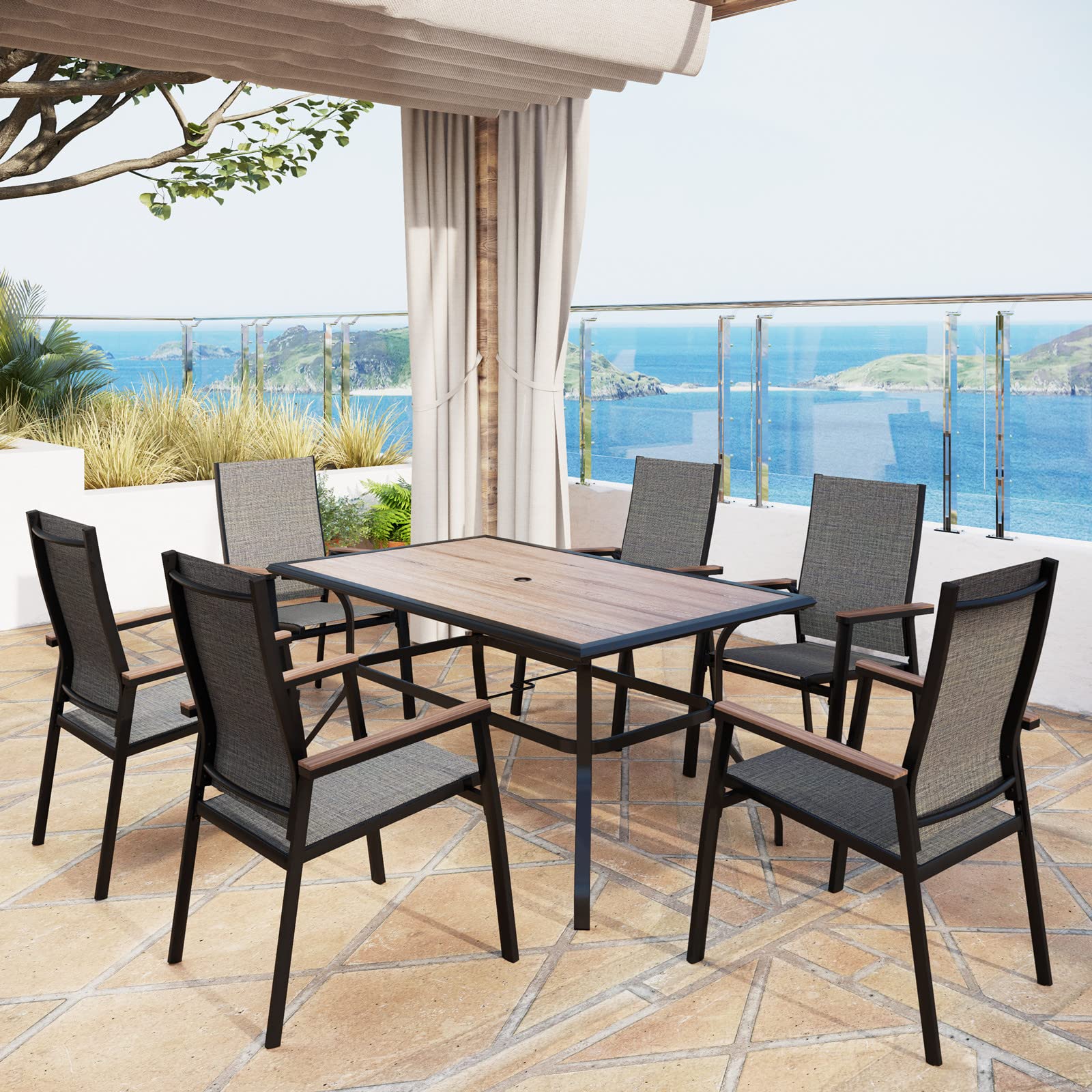MFSTUDIO 7-Piece Outdoor Dining Set with 6 Aluminum Sling Chairs (Wooden Armrest) & 1 Wood-Like Table - Patio Furniture for 6 - Perfect for Backyard BBQs, Poolside Gatherings & Garden Parties