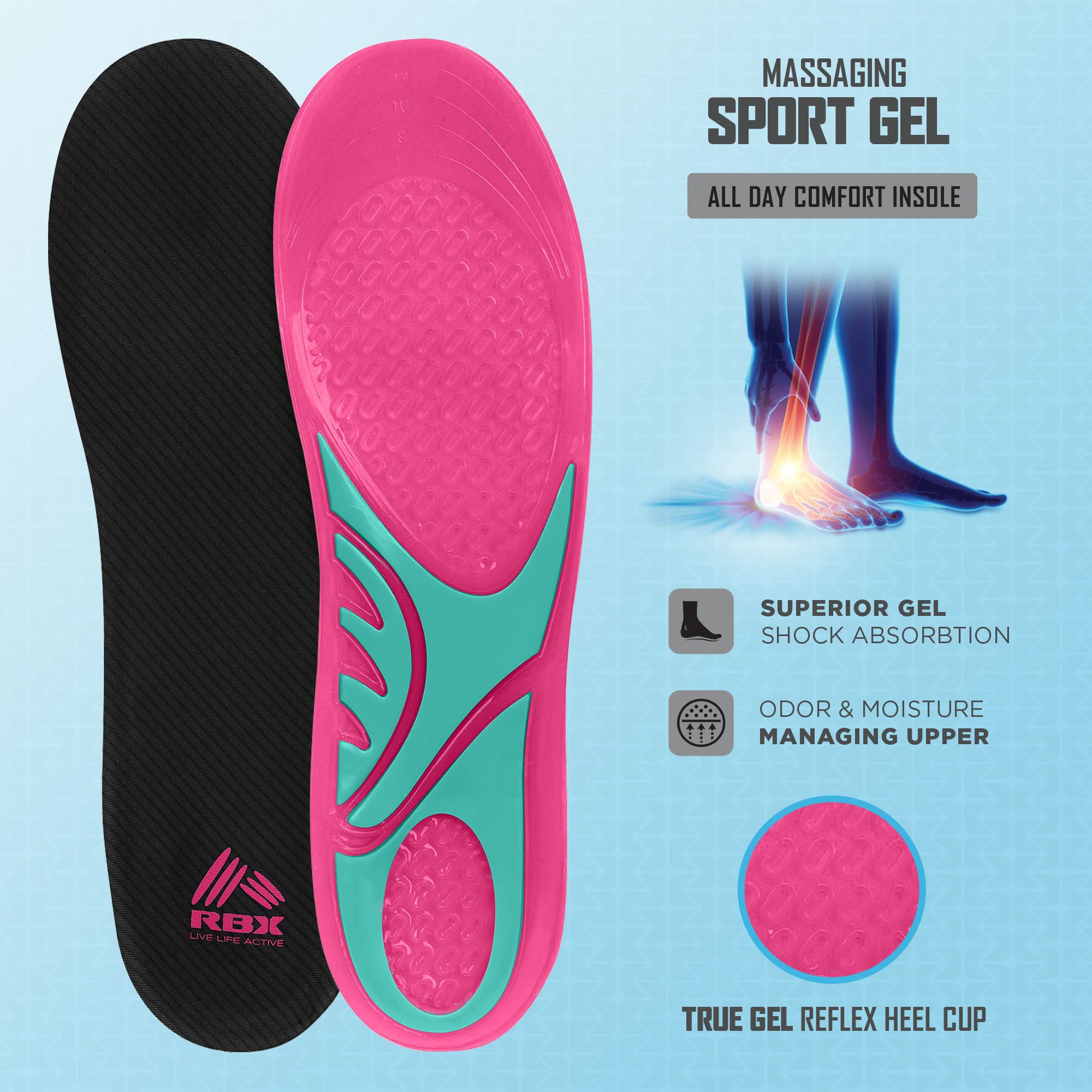 RBX Massaging Sport Gel Insoles for Women - All Day Comfort & Support, Full Length Cushioning (Size 6-10, Pink) - Perfect for Running, Walking & Standing Long Hours
