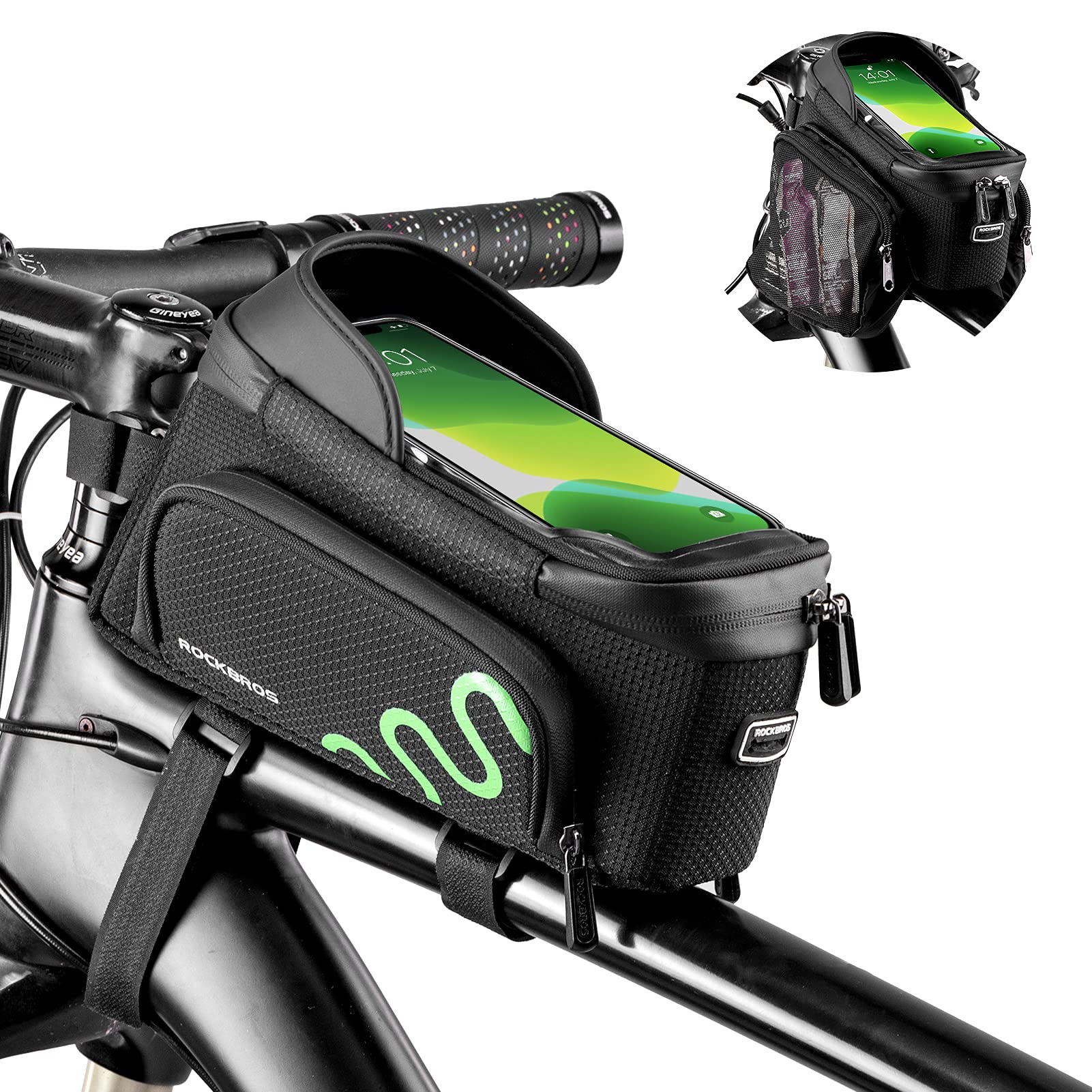 **ROCKBROS Bike Frame Bag - Waterproof Bicycle Phone Mount Holder with Side Pouch - Top Tube Storage Bag for Mountain & Road Bikes - Perfect for Cycling, Commuting & Outdoor Adventures**