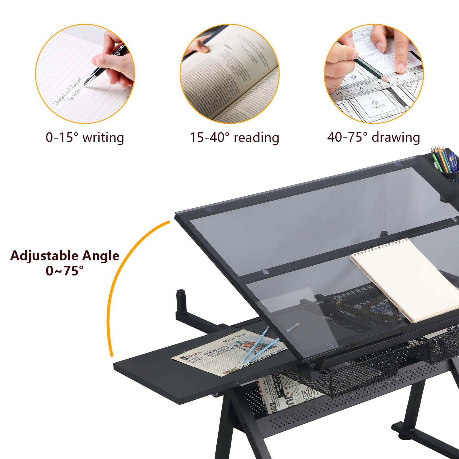 Adjustable Drafting Table with Stool Set - Tempered Black Glass Art Desk for Drawing, Painting & Sketching - Ergonomic Height & Angle Adjustments for Artists, Designers & Home Office Use