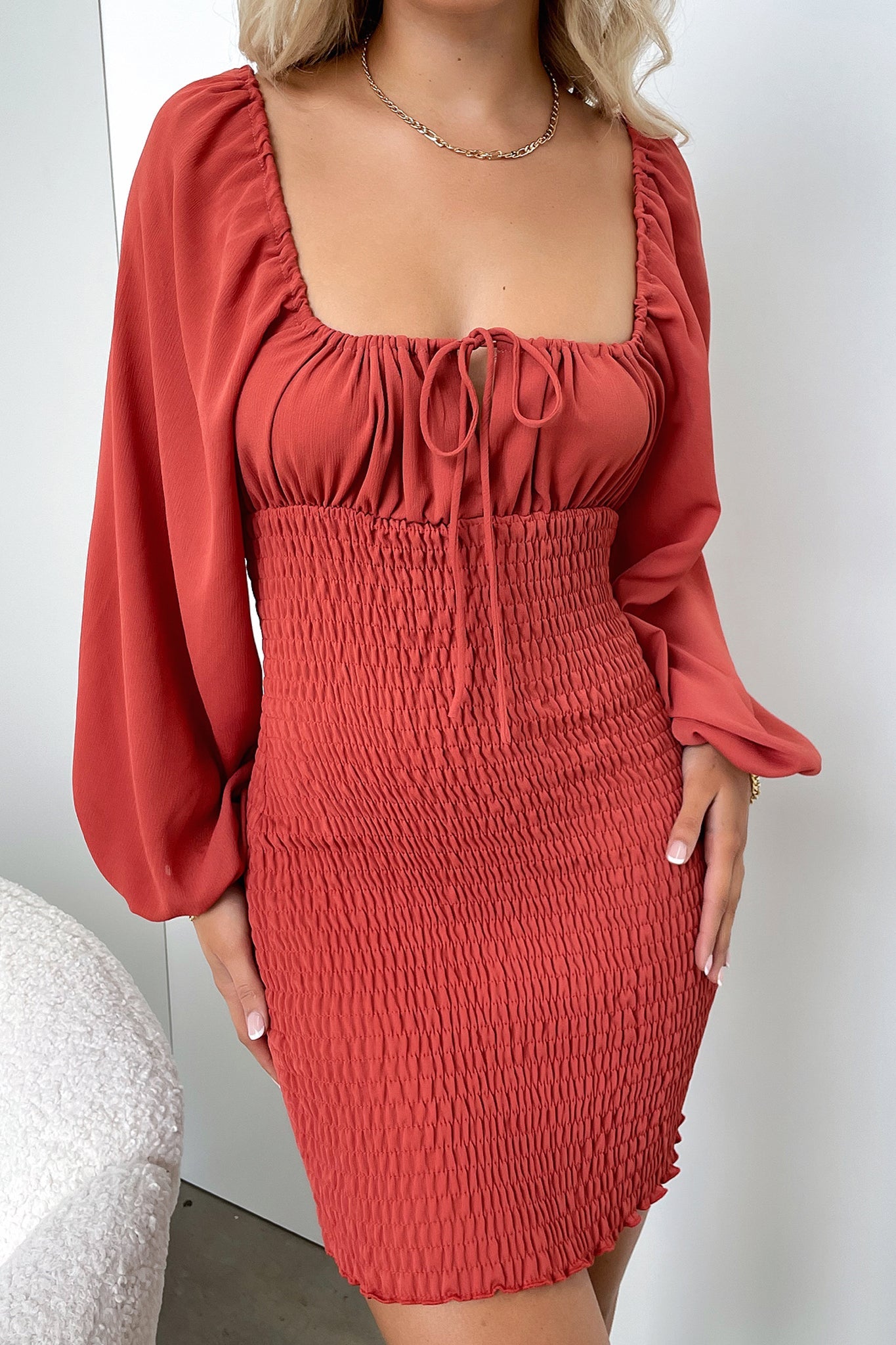 Ella Dress in Rust - Elegant Women's Flowy Midi Dress for Casual Wear, Date Night & Special Occasions