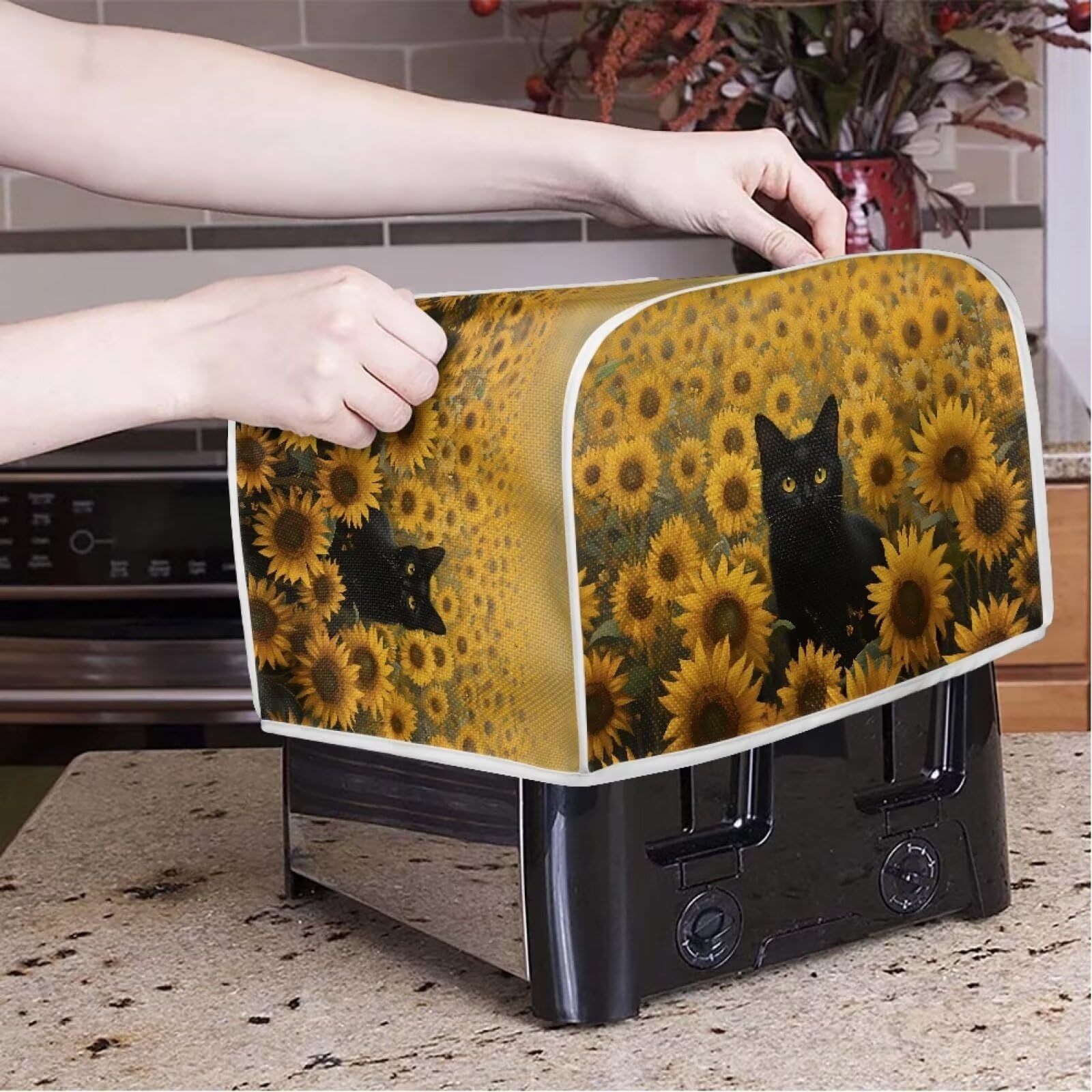 Waterproof Black Cat and Sunflower Print Toaster Cover - Standard 4 Slice Bread Maker Protector - Kitchen Appliance Cover for Countertop Protection - Perfect for Home, Cafe, and Office Use