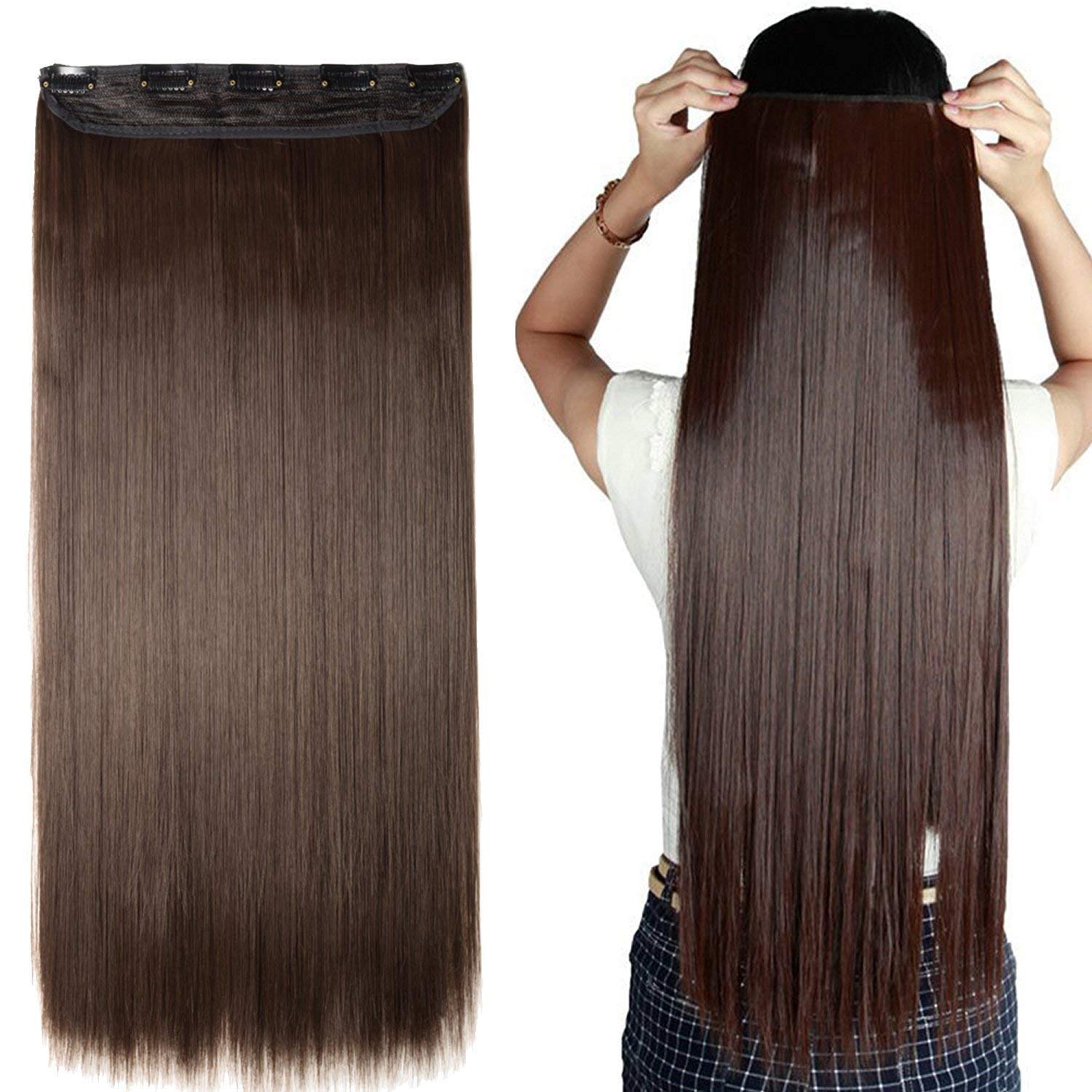 CEUTA 24 Inch 5 Clip-In Hair Extensions for Women - Natural Brown Human Hair - Perfect for Volume, Length & Styling - Great for Parties, Weddings & Everyday Wear