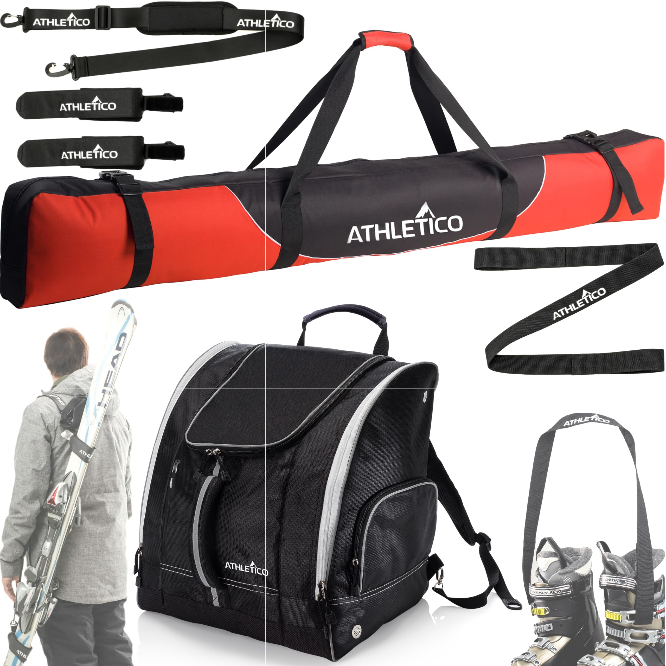 Athletico Mogul Padded Ski Bag Set with Boot Bag, Boot Strap & Carrier - Waterproof Ski Equipment Storage for Travel & Mountain Resorts