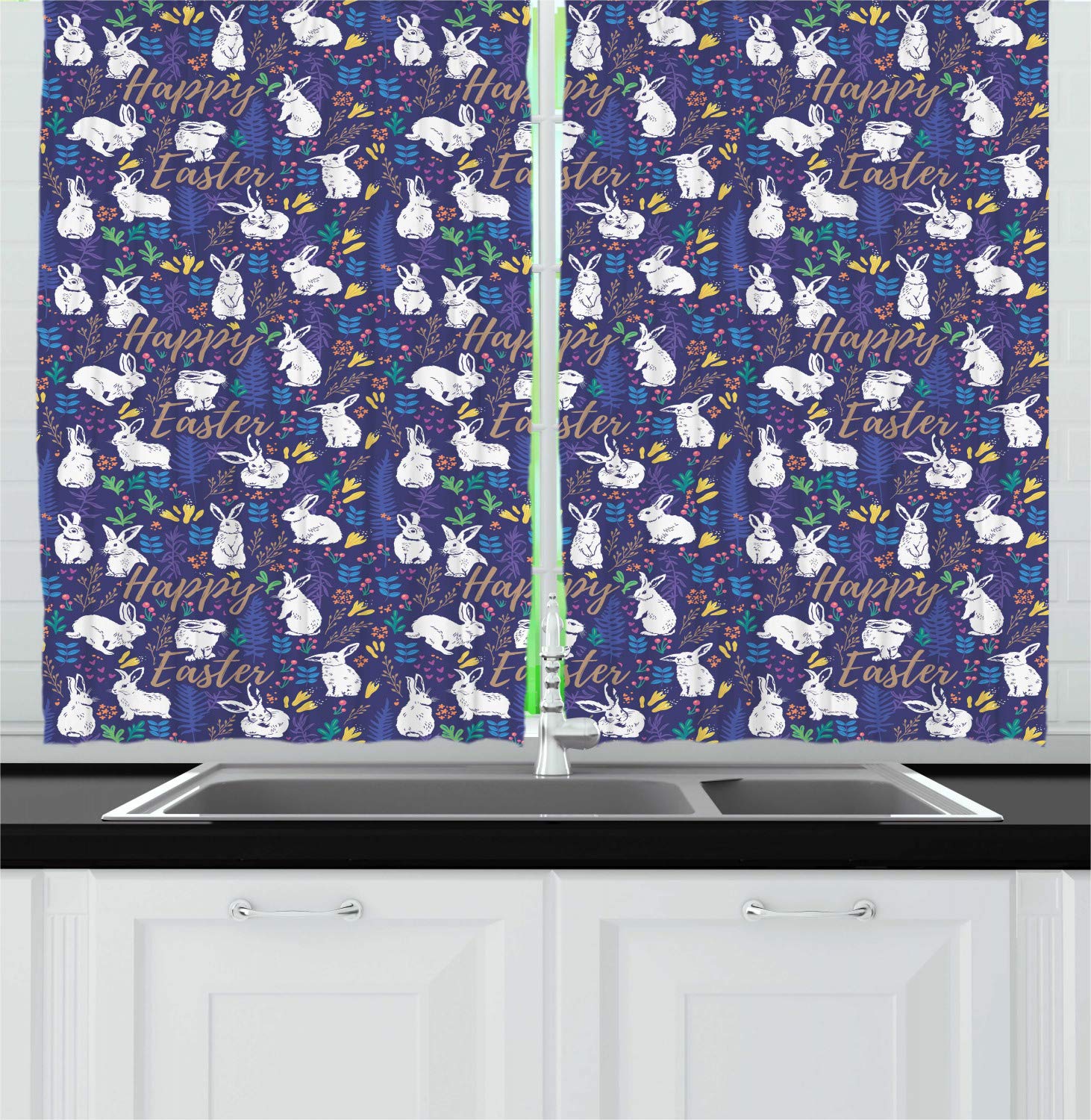 Ambesonne Easter Kitchen Curtains - Rabbit Design with Botanical Patterns & Easter Greetings, 2-Panel Window Drapes for Spring Home Decor (55