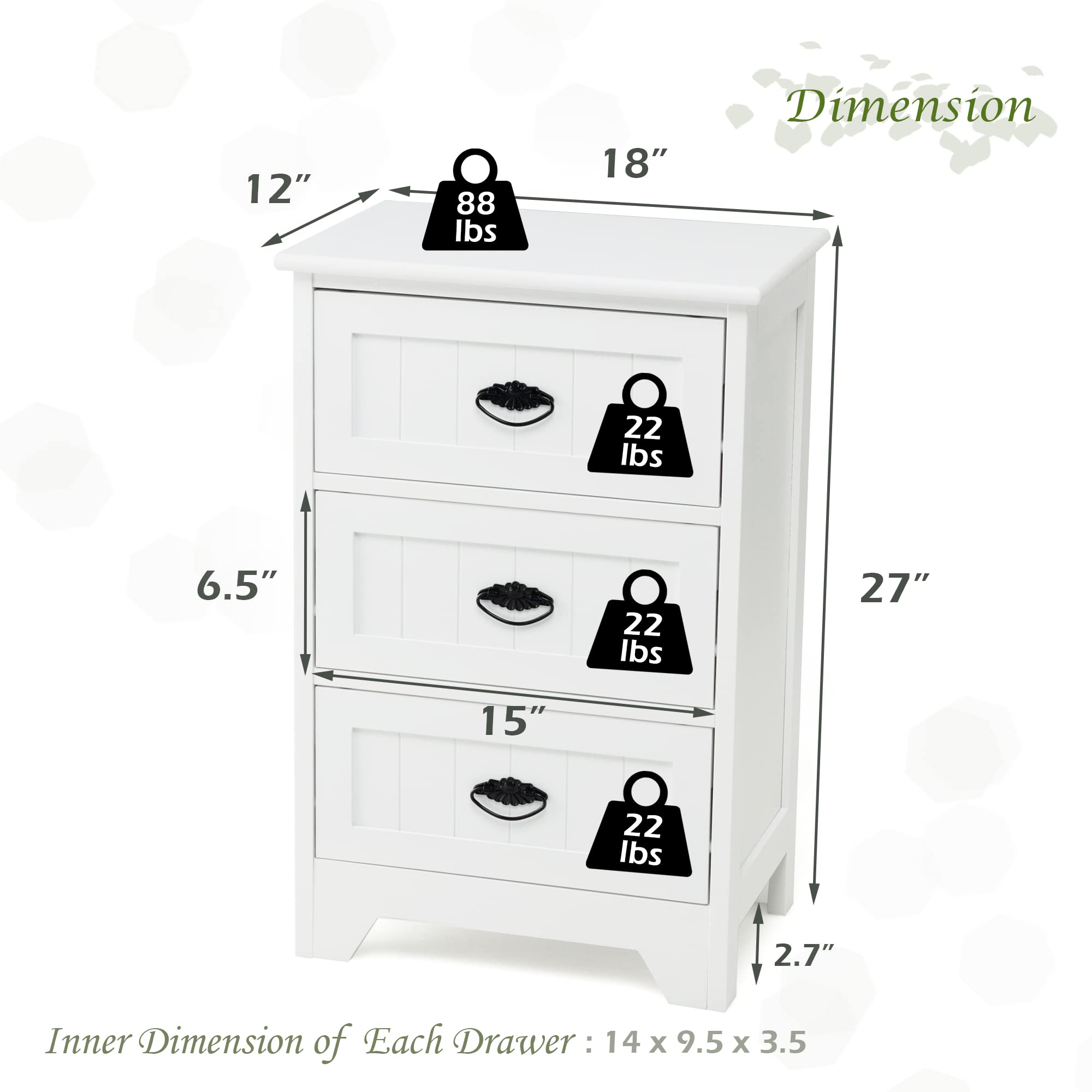 LOKO Modern Bathroom Storage Cabinet with 3 Drawers, Anti-Tip Strap & Elegant Handles - White Accent Floor Cabinet for Bathroom, Bedroom or Entryway Organization
