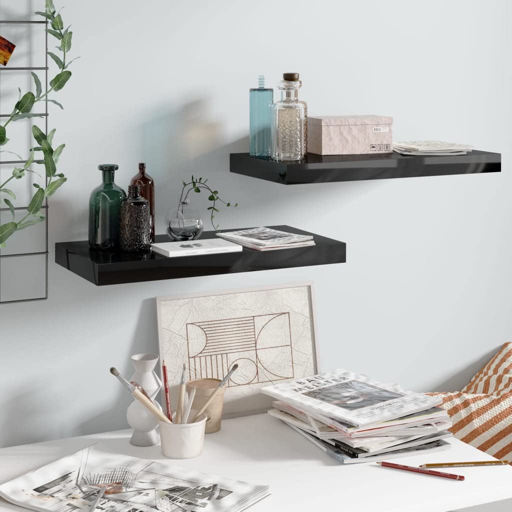 CHARMMA Floating Wall Shelves Set of 2 - High Gloss Black Modern Wall Shelves 19.7