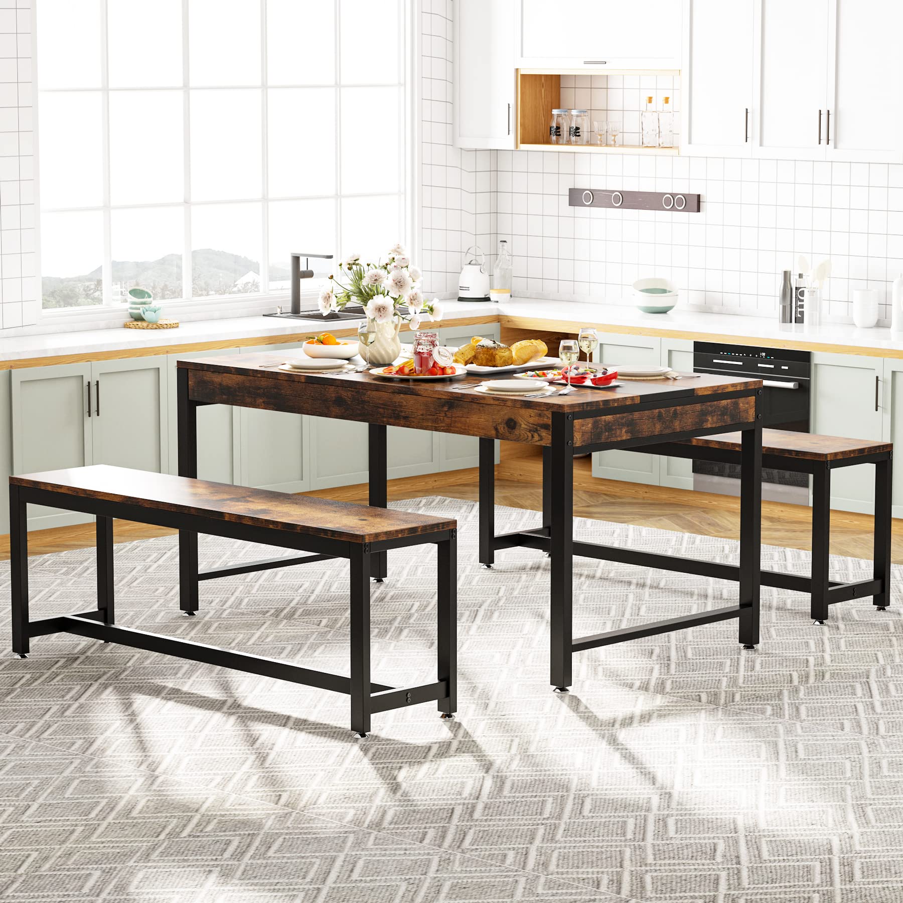 Tribesigns 63 Inch Large Dining Table Set for 4-6 People with 2 Benches & Side Drawer - Modern Industrial 3-Piece Kitchen Breakfast Table - Rustic Brown & Black - Perfect for Small Dining Rooms, Apartments & Farmhouse Style Homes
