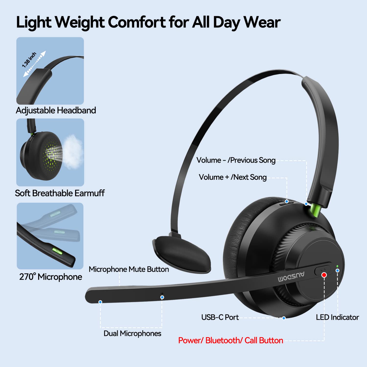 AUSDOM Wireless Bluetooth 5.2 Headset with AI Noise Cancelling Microphone - Trucker Headphones with Mute Button, 50 Hours Playtime - Perfect for Call Center, Office Work, Driving & Online Meetings