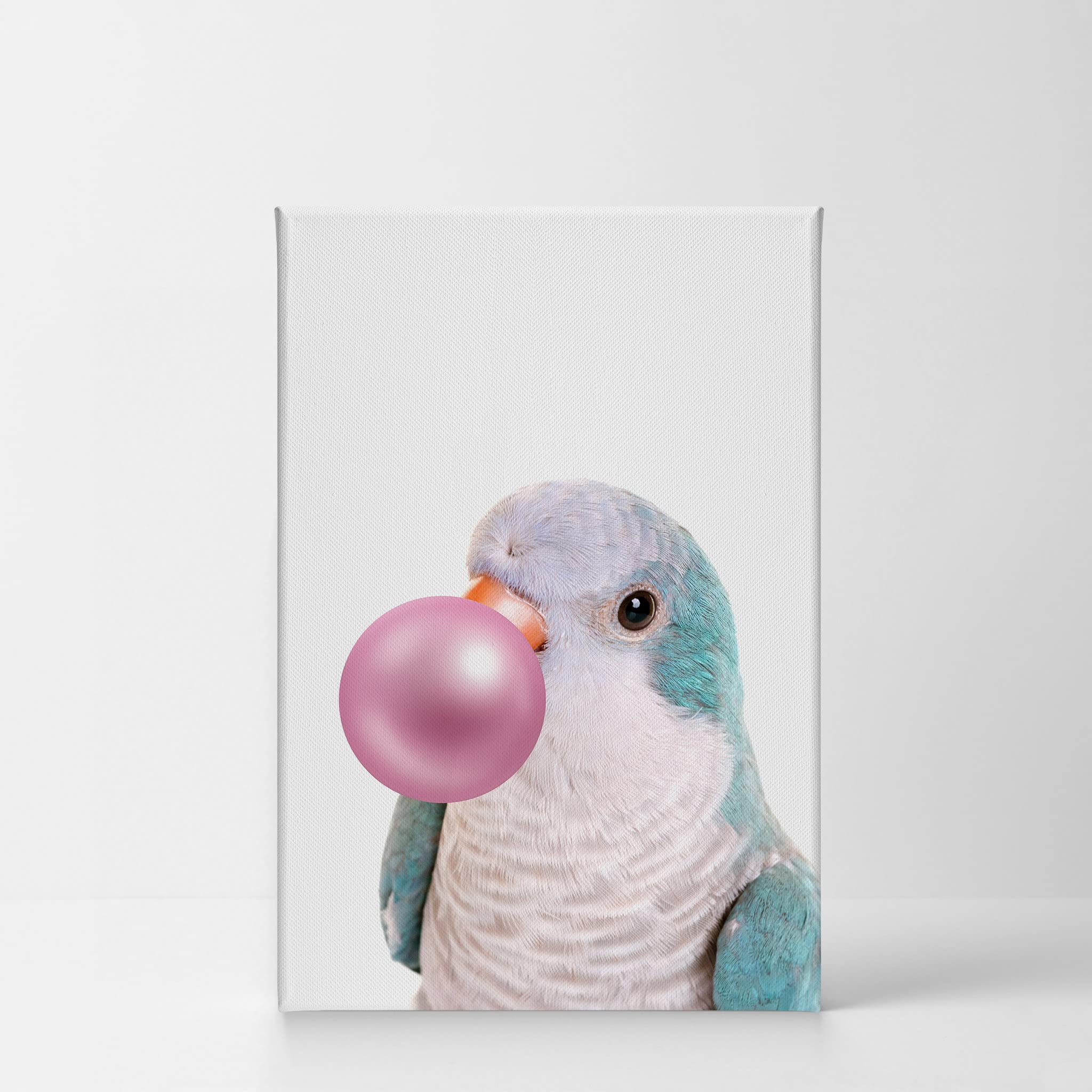 Monk Parakeet Quaker Parrot Chewing Pink Bubble Gum Canvas Wall Art Print - 36x24 Inch Pet Bird Lover Gift, Animal Pop Art Decor for Living Room, Bedroom, Nursery & Kids Room - Perfect for Bird Enthusiasts & Unique Home Decor