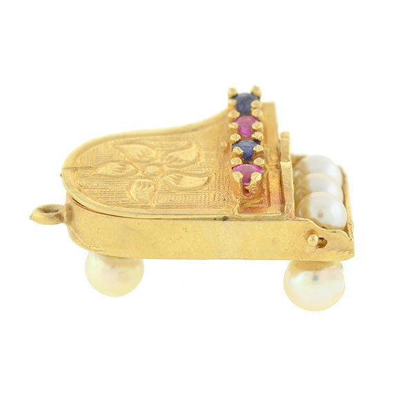 Vintage 14K Gold Cultured Pearl, Ruby & Sapphire Piano Pendant Charm - Elegant Jewelry Gift for Musicians, Piano Lovers & Music Teachers