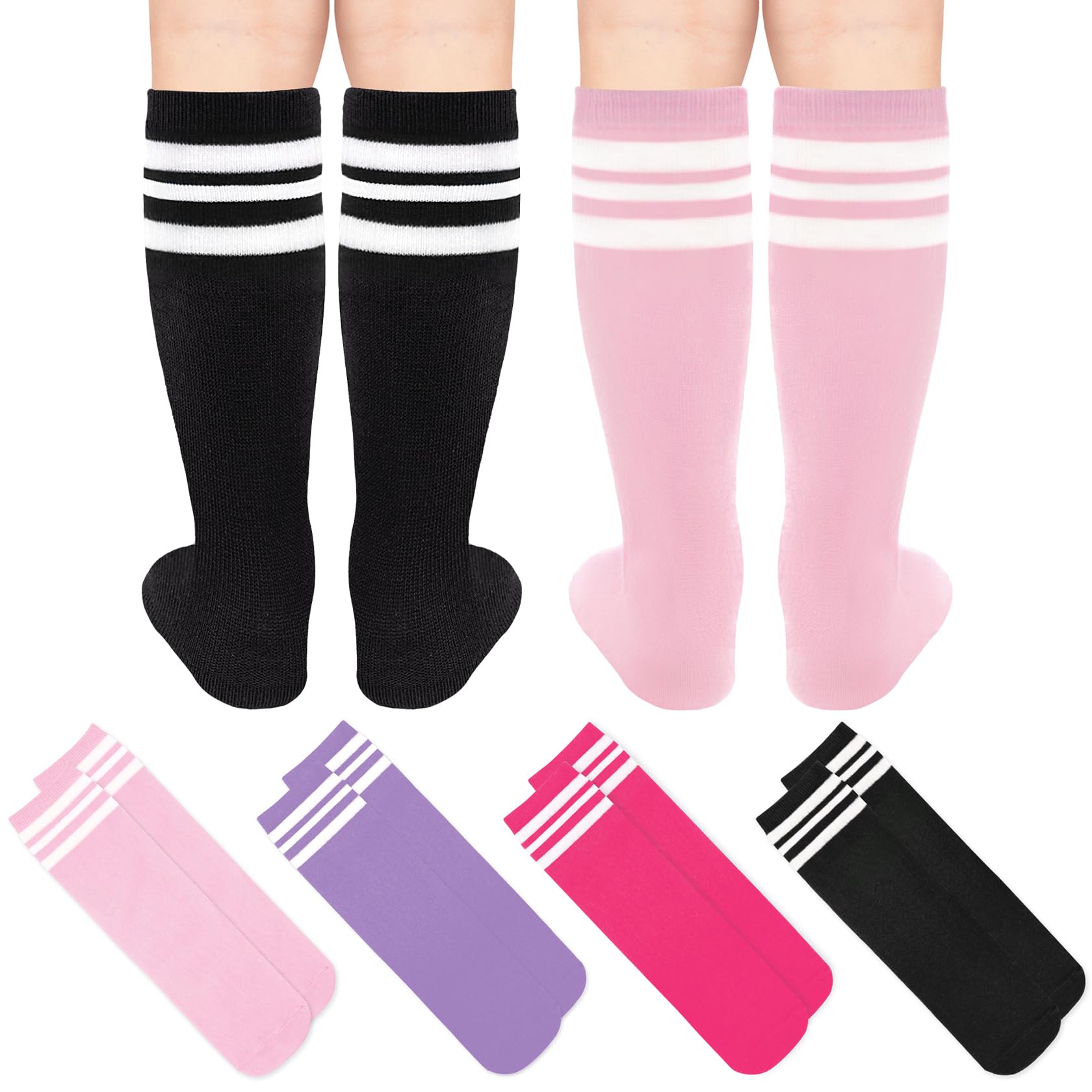Qikqik 4 Pairs Toddler Soccer Socks - Breathable Cotton Knee High Socks for Boys & Girls - Perfect for Soccer, Baseball & Sports Activities - Soft & Comfortable Kids Athletic Socks for Daily Wear & Playtime