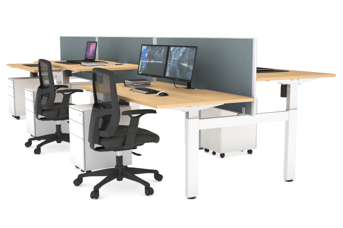 Height Adjustable 6-Person H Bench Workstation with White Frame - 1600L x 800W, Cable Management Scallop | Ideal for Office, Coworking Spaces & Collaborative Work Environments