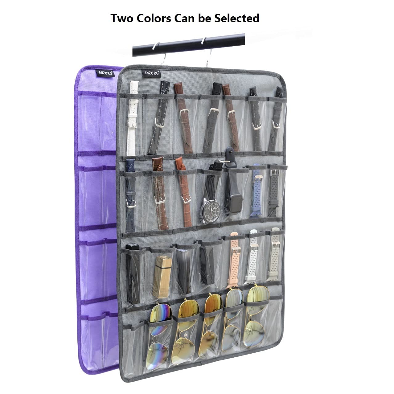 Premium Hanging Watch Band Organizer with 28 Clear Pockets - Purple Watch Straps Storage Display Case for Men & Women | Perfect for Watch Collections, Travel, and Retail Store Display