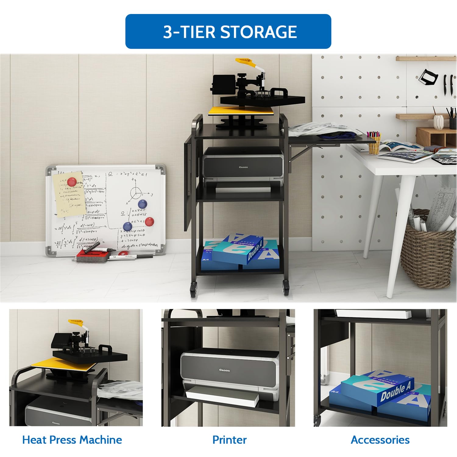 PUNCIA 3-Tier Heavy Duty Foldable Rolling Workbench - 20'' Movable DIY Heat Transfer Press Machine Stand with Metal Shelf Storage | Perfect for Sublimation Transfer, T-Shirt Printing & Craft Organization | Ideal for Home Studios, Small Businesses & DIY Workshops
