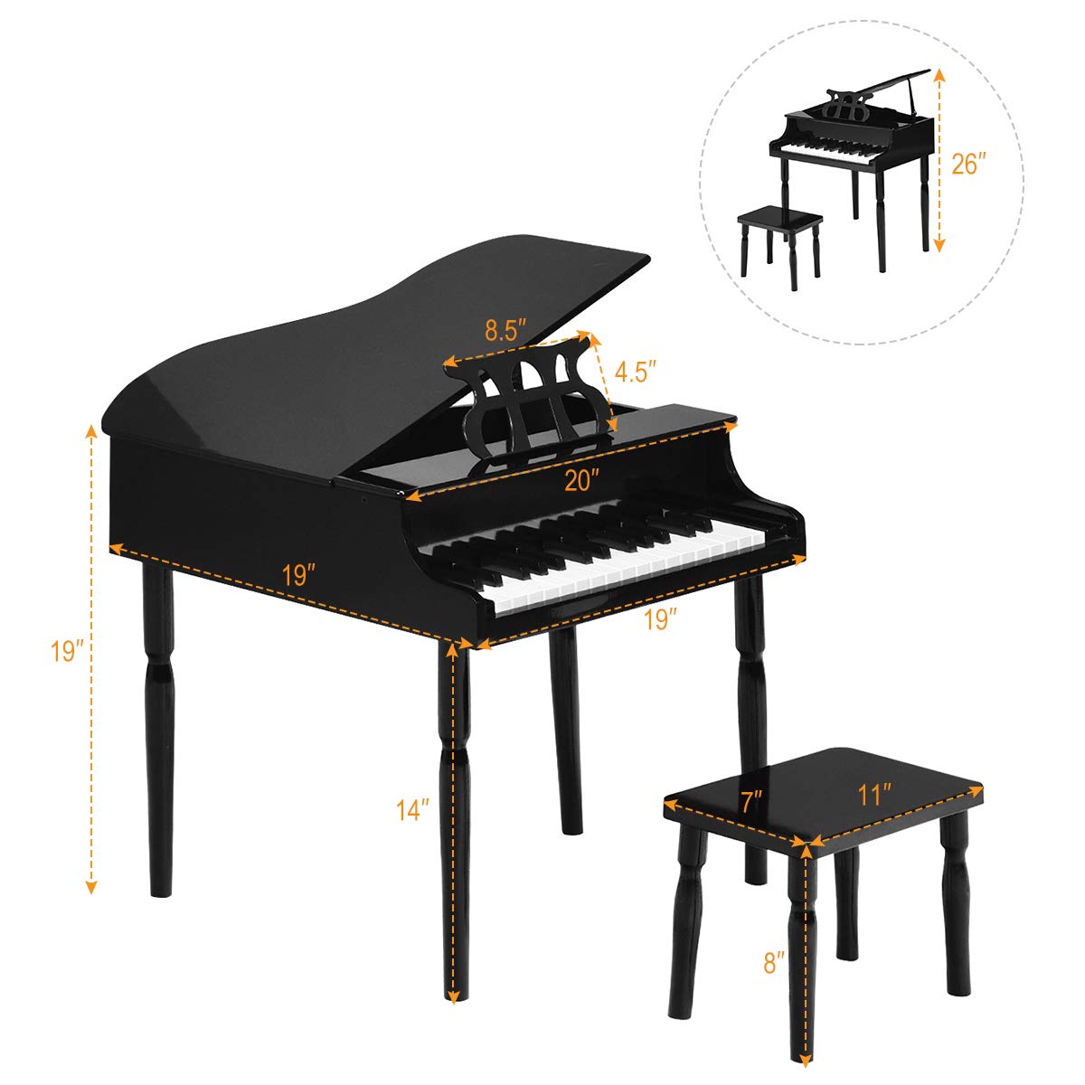 Costzon 30-Key Wooden Toy Grand Piano with Music Stand & Bench - Mini Musical Instrument for Kids, Ideal for Children's Room & Playroom - Perfect Birthday & Christmas Gift (Black, Straight Leg) - Encourage Early Music Education & Creative Play