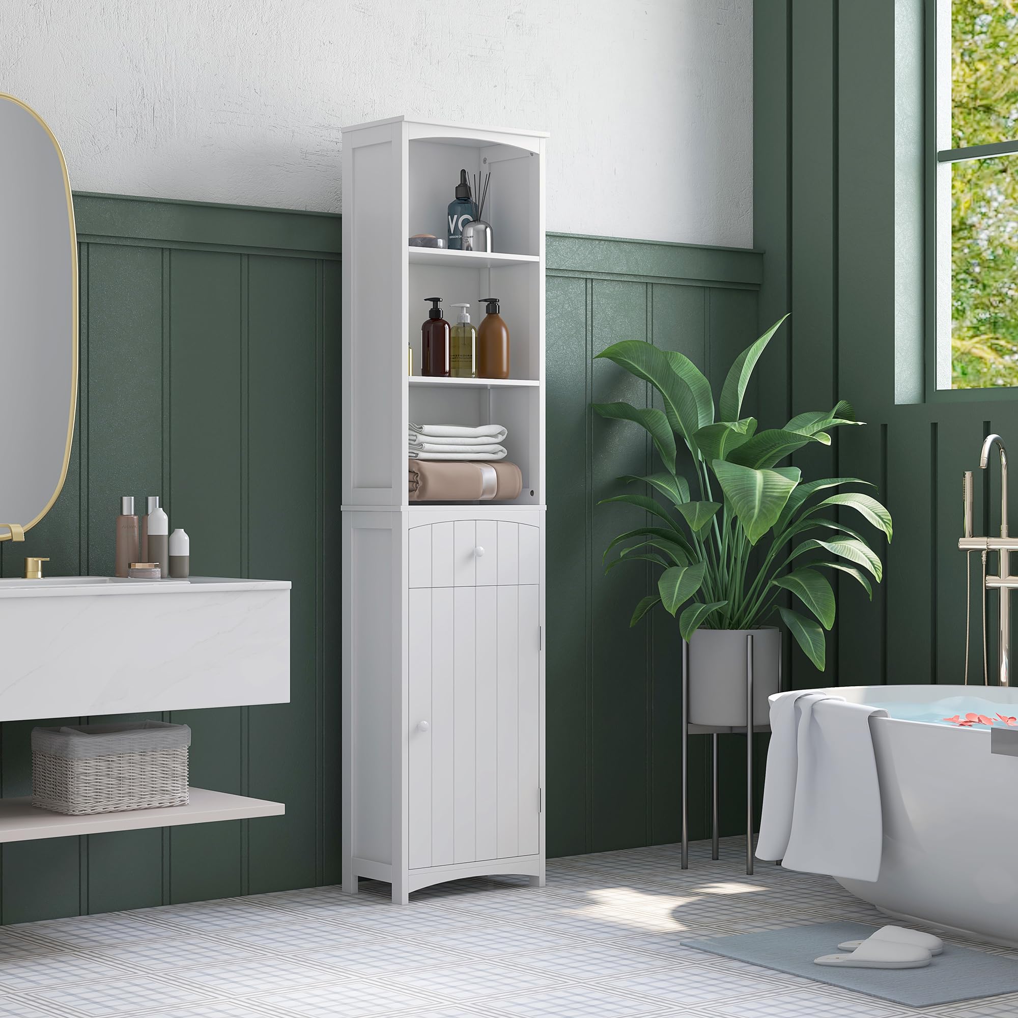HOMCOM White Bathroom Storage Cabinet - 3-Tier Shelves with Drawer, Freestanding Linen Tower for Bathroom Organization | Perfect for Small Spaces, Apartment Storage & Bathroom Decor
