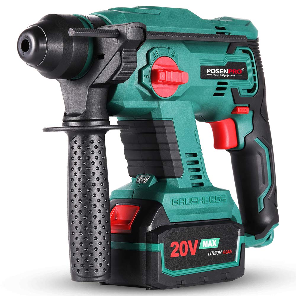 Posenpro 20V Brushless Cordless Rotary Hammer Drill with 4 Modes, Variable Speed & Adjustable Handle - Includes 4.0Ah Li-ion Battery & Fast Charger - Perfect for Concrete Drilling, Masonry Work & DIY Home Projects