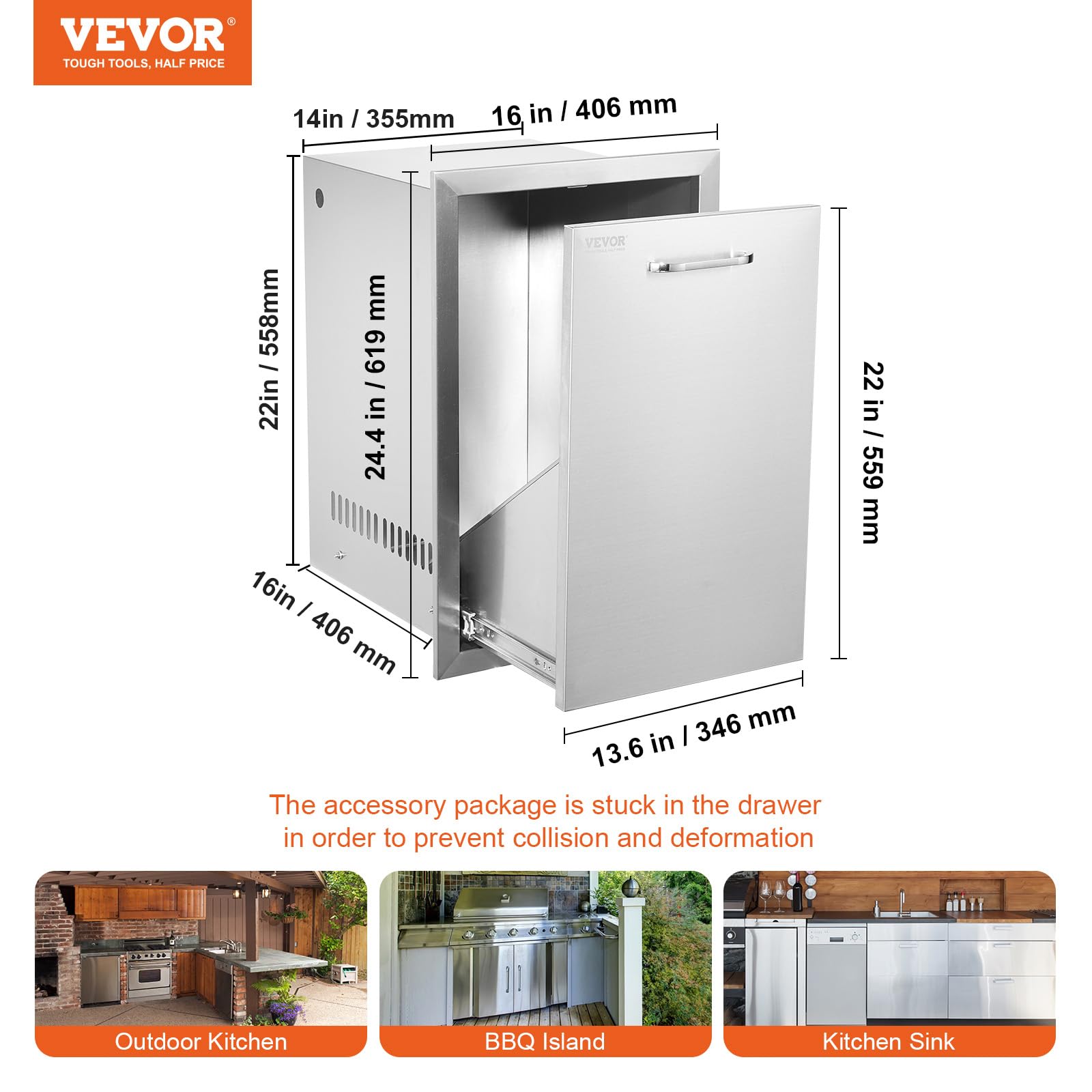 VEVOR Stainless Steel Pull Out Trash Drawer for Outdoor Kitchen - 16