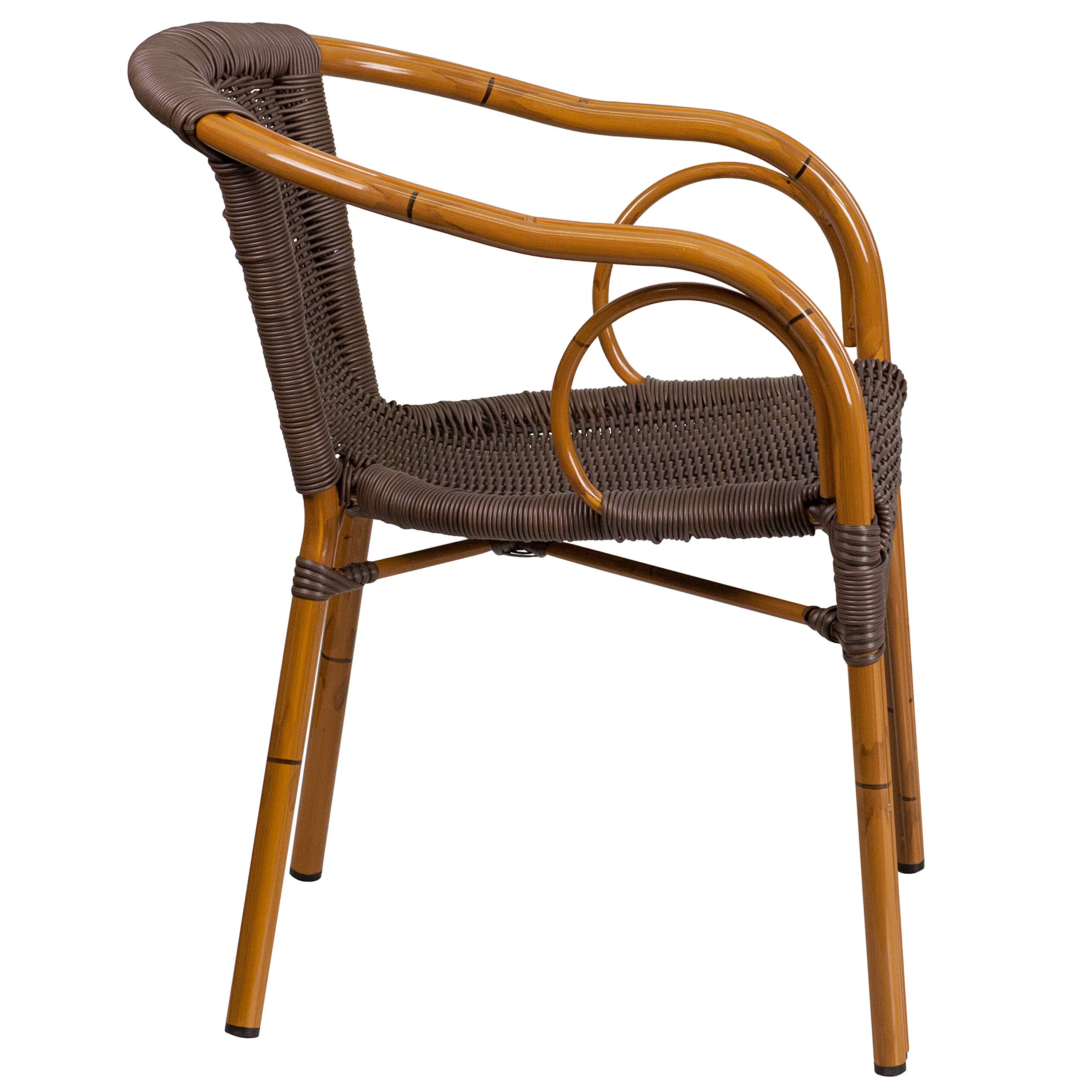 Dark Brown Rattan Patio Chair with Red Bamboo-Aluminum Frame - Outdoor Dining, Poolside Lounge, Garden Relaxation - Weather-Resistant Wicker Furniture