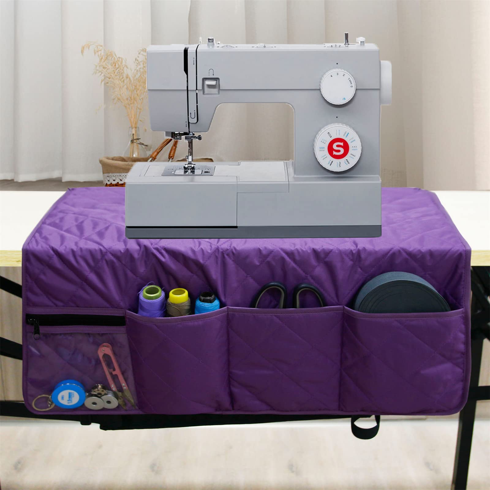 **Non-Slip Sewing Machine Pad with 4 Storage Pockets - Dust Cover & Organizer for Sewing Table (Purple) - Perfect for Quilting, Crafting & Home Sewing Projects**