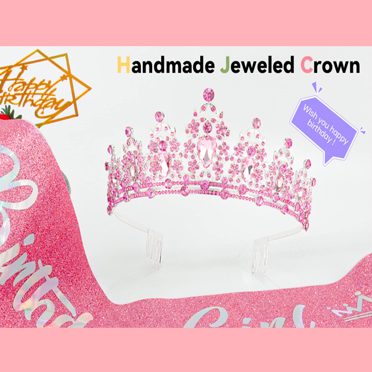 SuPoo Pink Birthday Crown & Sash Set - Rhinestone Tiara with Comb & Glitter Headband for Girls - Princess Party Accessories for Birthday Decorations & Celebrations