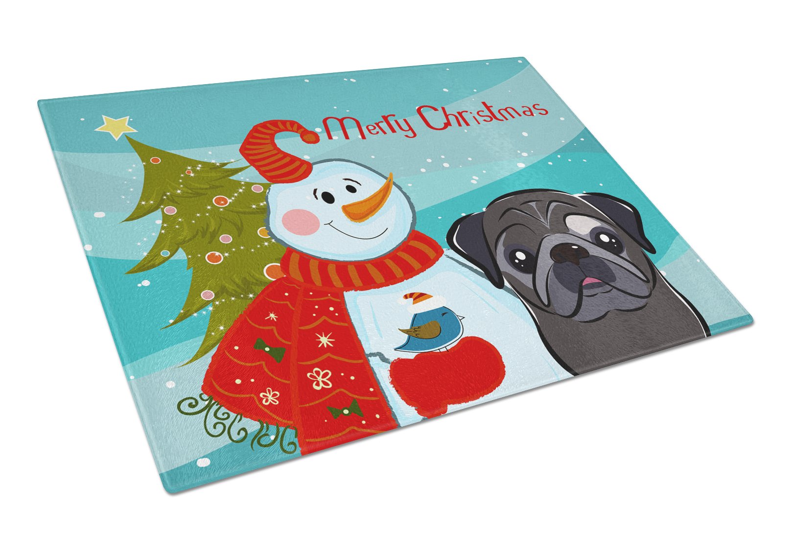Snowman with Black Pug Tempered Glass Cutting Board - Large Decorative Kitchen Chopping & Serving Board for Holiday Entertaining & Gift Giving