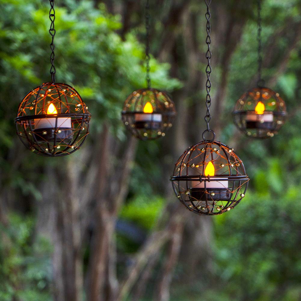 Solar Powered Hanging Lanterns Outdoor Decor - 4 Pack Copper Wire Beaded Ball Candle Holders with LED Tea Lights for Garden, Patio, Pergola, Backyard, Wedding & Party Decoration