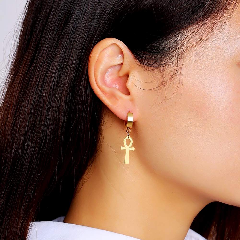 Egyptian Cleopatra Ankh Cross Dangle Hoop Earrings - Stainless Steel Tassel Chain Clip-On Jewelry for Men & Women (Gold) | Perfect for Costume Parties, Boho Fashion & Unique Gift Giving