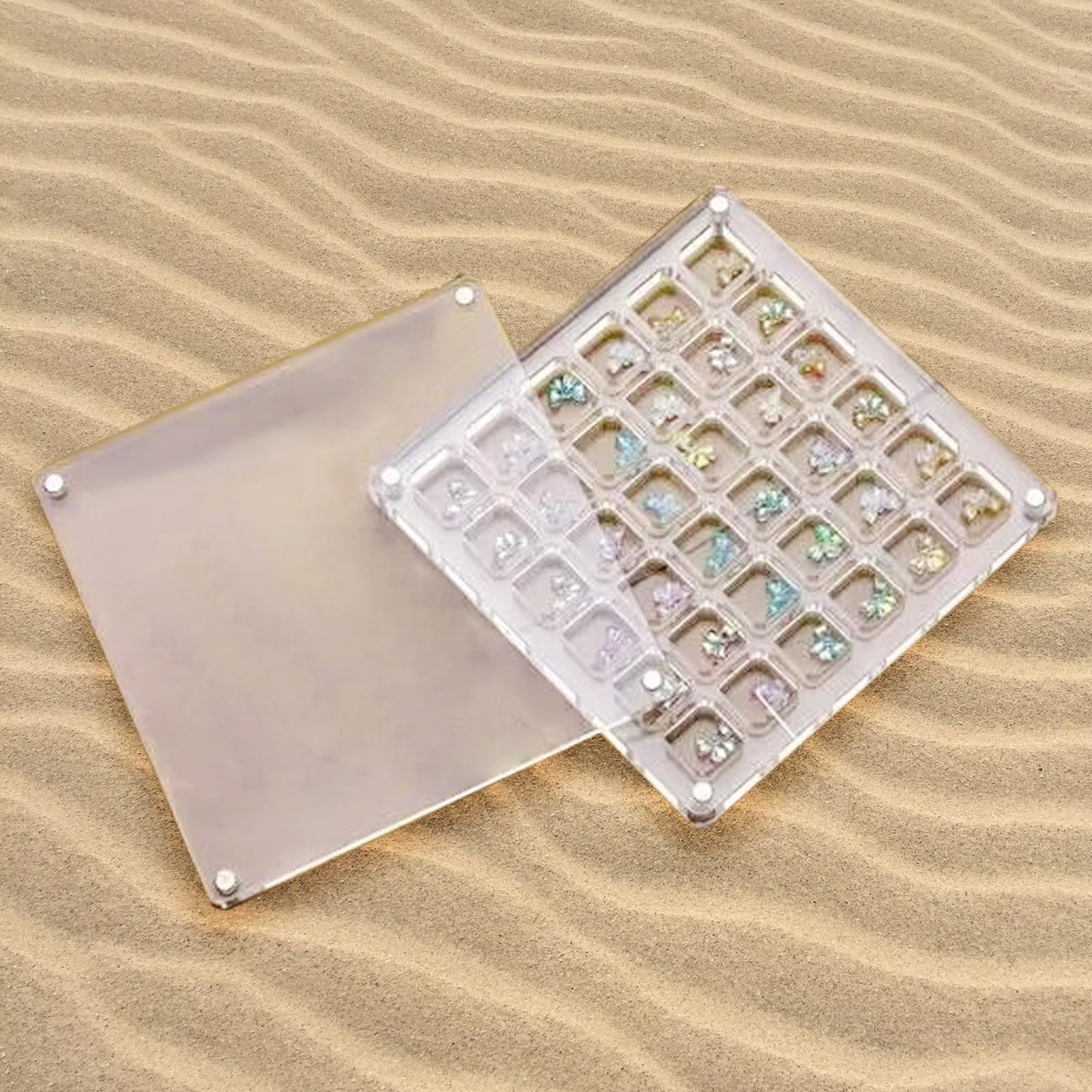 Acrylic Magnetic Seashell Display Box - 64 Grid Round Organizer for Beach Treasures, Gems, Jewelry & Crafts | Decorative Storage for Shells, Starfish & Small Trinkets | Perfect for Beach House Decor, Craft Room Organization & Gift Packaging