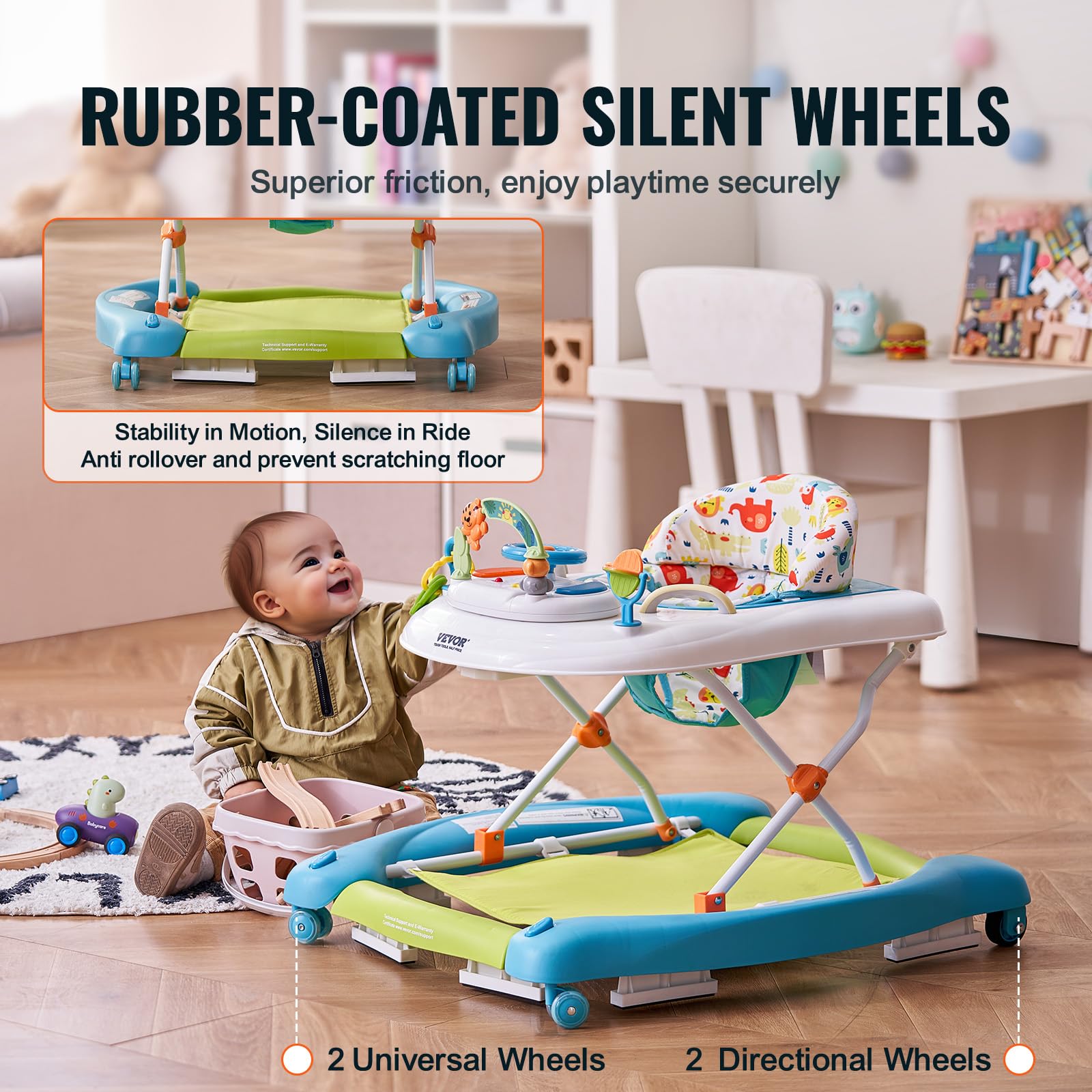 VEVOR 4-in-1 Foldable Baby Walker with Wheels - Adjustable Height Activity Center with Music & Toy Tray | Learning Seat, Walk-Behind, Rocker & Bouncer for Toddlers 6-24 Months | Perfect for Playtime, Learning & First Steps at Home