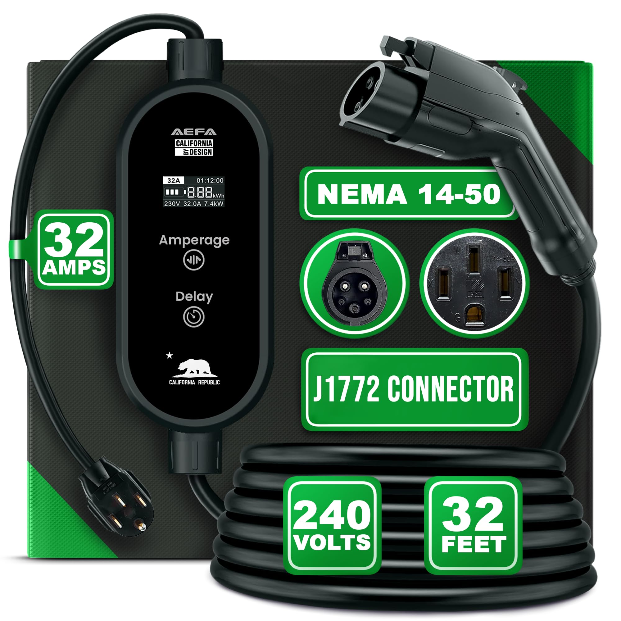 AEFA Level 2 EV Charger - 32AMP NEMA 14-50 Plug with LED Display & Built-in Light - J1772 Compatible for All Type 1 EVs - Adjustable Power Settings & Delayed Charging - 32FT Portable Cable for Home, Office & Travel Charging - Perfect for Tesla, Chevy, Nissan & More Electric Vehicles