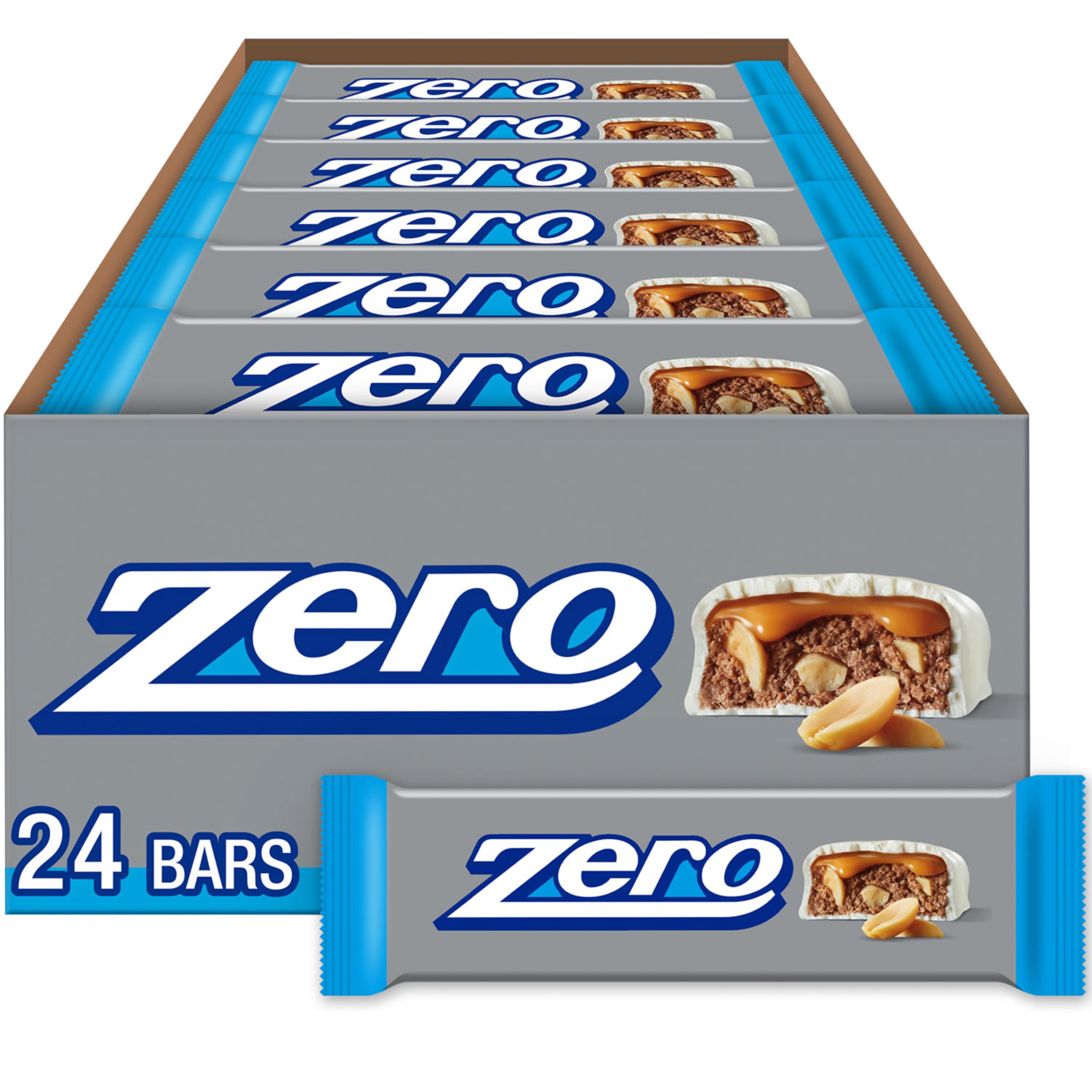 ZERO White Fudge Caramel Peanut Almond Nougat Candy Bars - 1.85oz (24 Count) - Perfect for Halloween Treats, Party Favors & Office Snacks