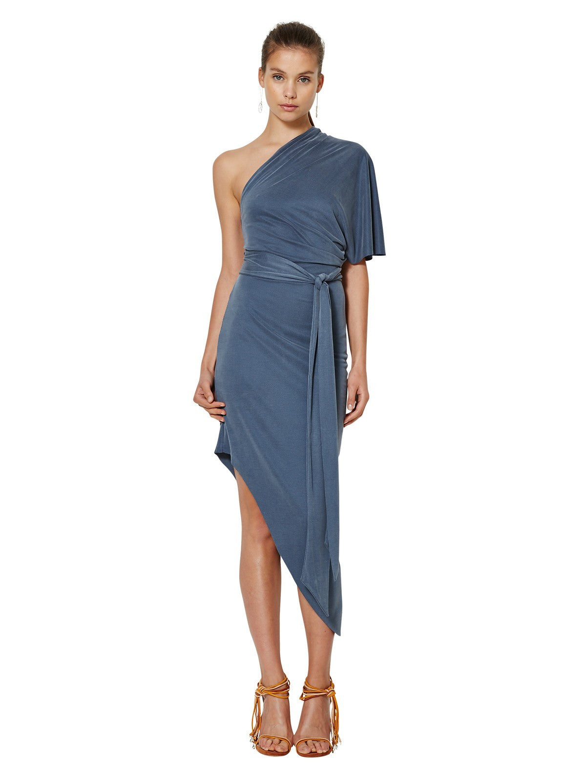 Delphine Asymmetrical Dress for Women | Elegant Steele Blue Midi Dress | Perfect for Cocktail Parties, Date Nights & Special Occasions