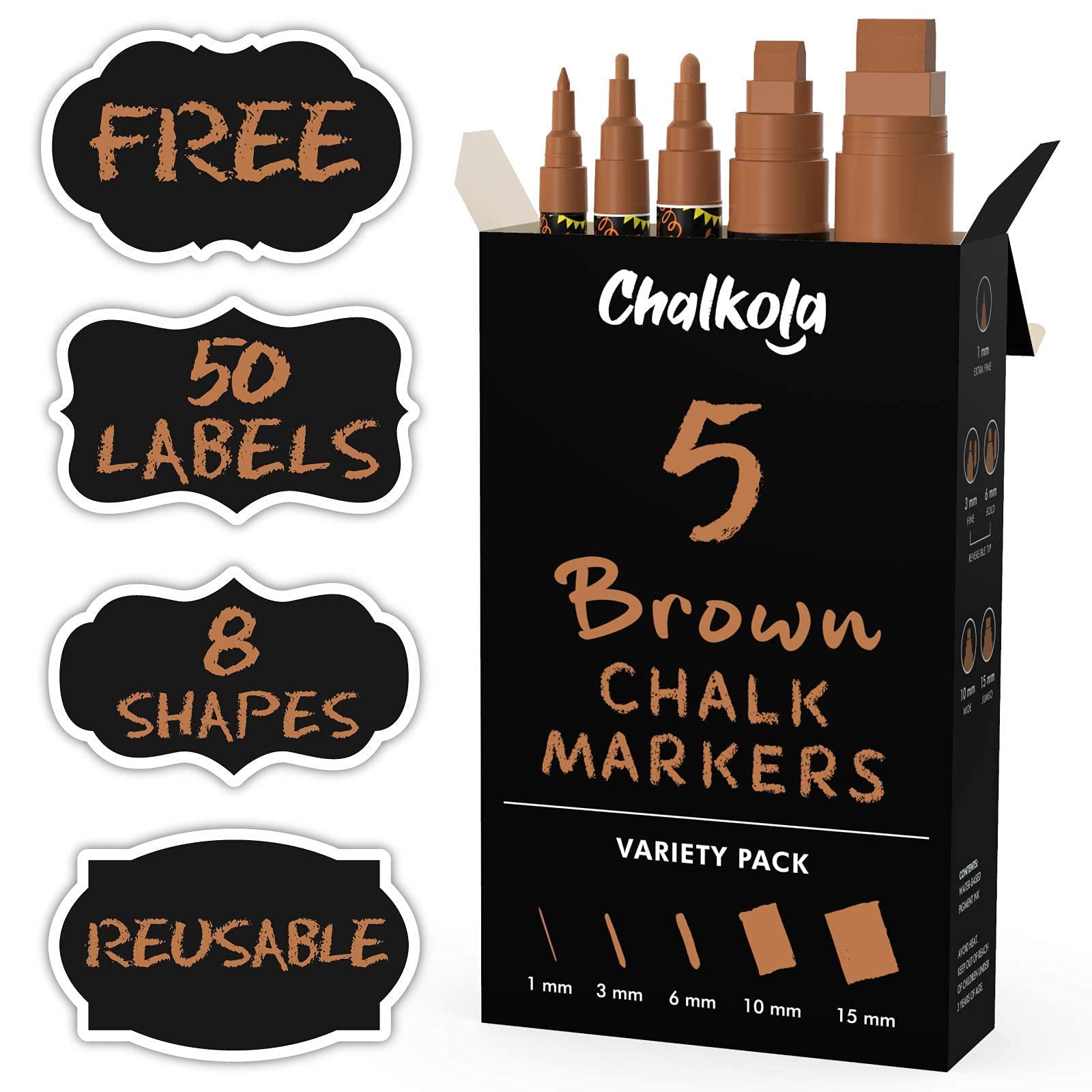 Premium 5-Pack Brown Chalk Markers with Metallic Finish - Ideal for Chalkboard Art, DIY Projects, and Restaurant Menu Boards