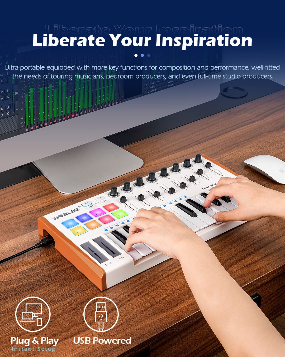 Vangoa Worlde 25-Key MIDI Keyboard Controller with Drum Pads - Portable USB Beat Maker for Music Production | 8 Knobs, 8 Faders & Pedal Interface | Perfect for Beginners & Home Studio Recording (White)