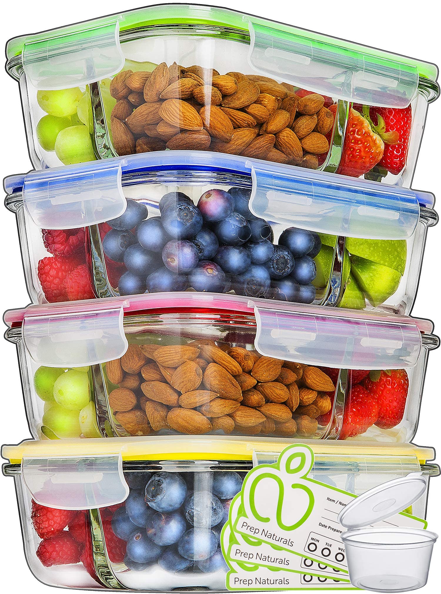 PrepNaturals 4-Pack 34oz Glass Meal Prep Containers with Lids - BPA-Free, Leak-Proof, Multi-Compartment Food Storage - Microwave, Dishwasher, Freezer & Oven Safe - Perfect for Meal Prepping, Leftovers, Lunches & Food Storage