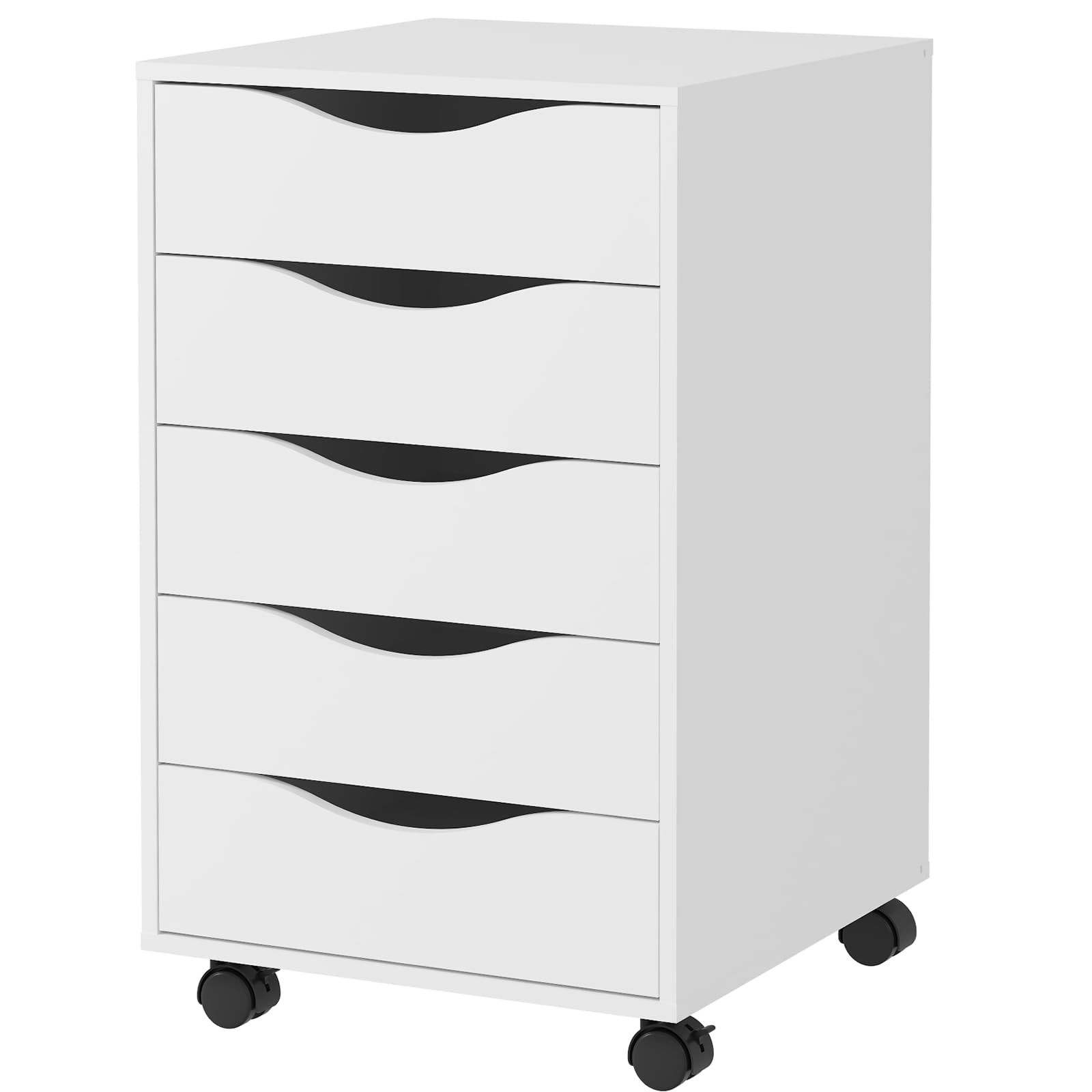 QDSSDECO 5-Drawer Wooden File Cabinet with Wheels - Rolling Storage Dresser for Home Office Organization, White - Perfect for Document Storage & Office Furniture Needs