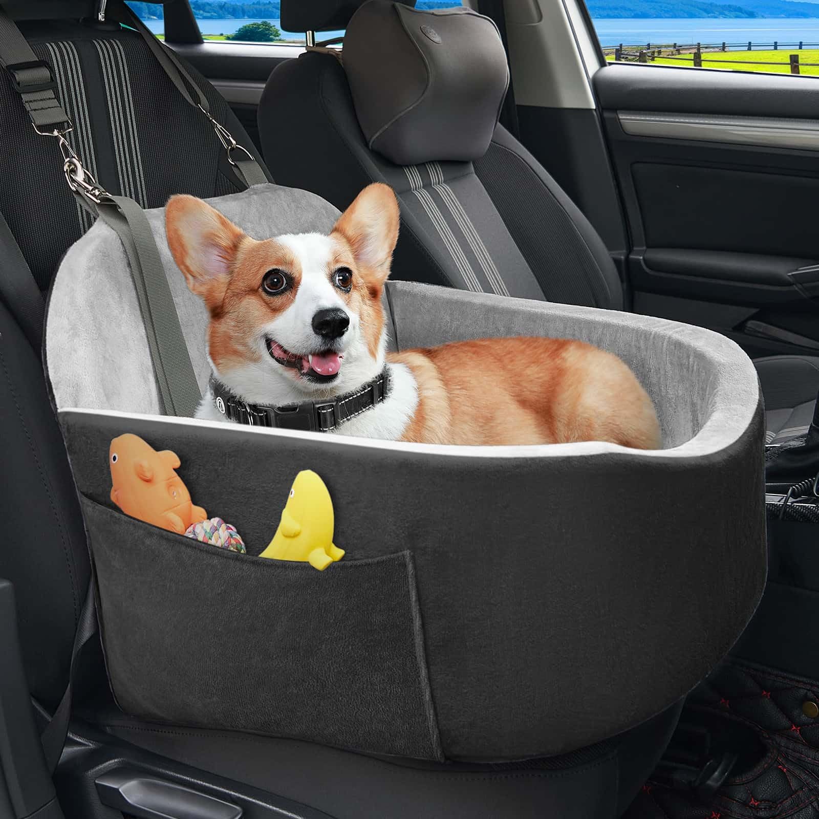 ONE PIX Dog Car Seat for Small Dogs & Cats - Portable Pet Booster Seat with Storage Pockets & Safety Belt - Medium Travel Carrier Bed for Pets Up to 30lbs (Grey) - Perfect for Road Trips, Vet Visits & Daily Commutes