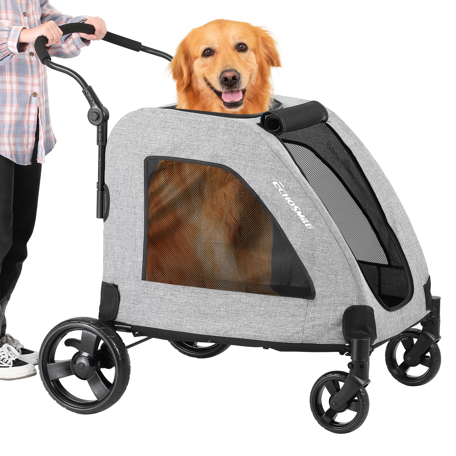 EchoSmile XL Extra Large Dog Stroller for 2 Medium Dogs - Lightweight Foldable Pet Stroller with Adjustable Handles & All-Terrain 4 Wheels - Dual Entry Safety Design Holds Up to 160 lbs (Gray) - Perfect for Park Walks, Vet Visits, and Senior Dog Transportation