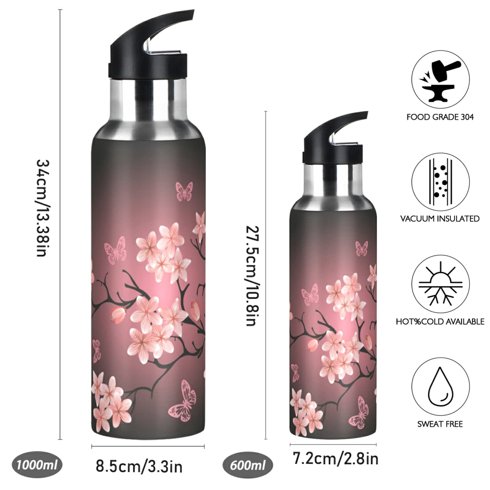 Cherry Blossom Vacuum Water Bottle 32oz - Insulated Stainless Steel Thermo Flask with Straw Lid for Travel & Gym