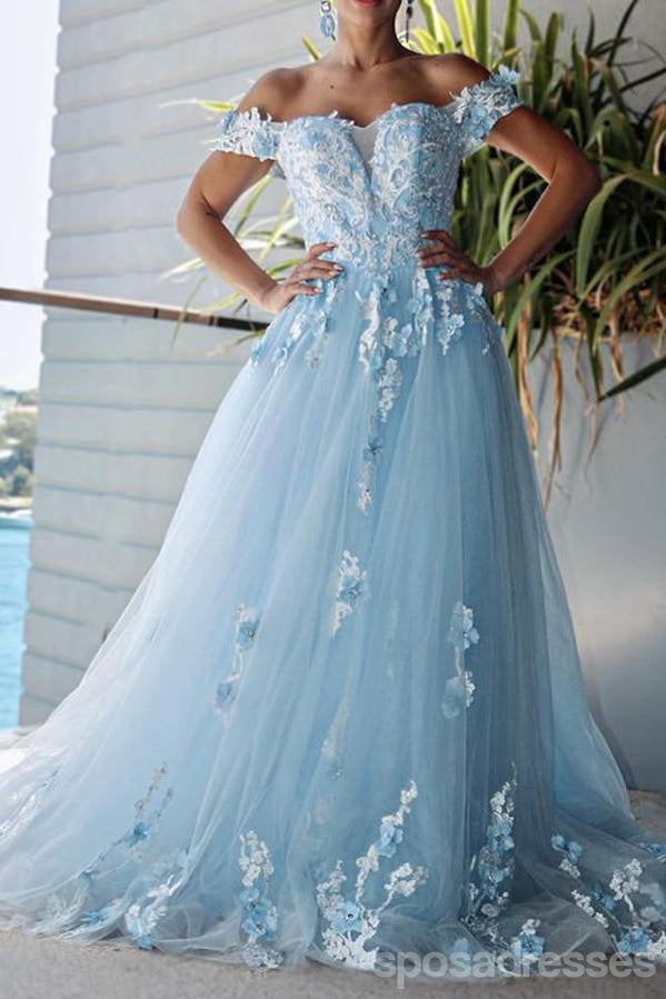 Floral Blue A-Line Off-Shoulder Long Prom Dress for Women - Elegant Evening Gown for Homecoming, Ballroom Dance & Formal Events